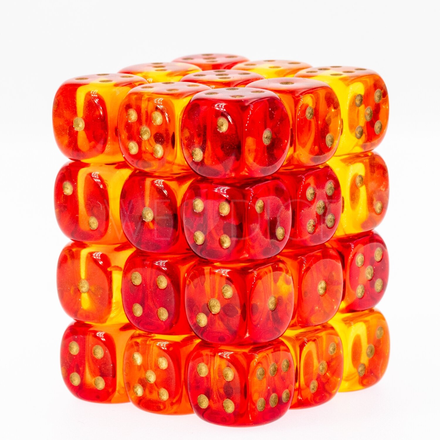 Gemini®, Transparent Rot-Gelb / gold 12mm W6 Würfel Set (36 Würfel)