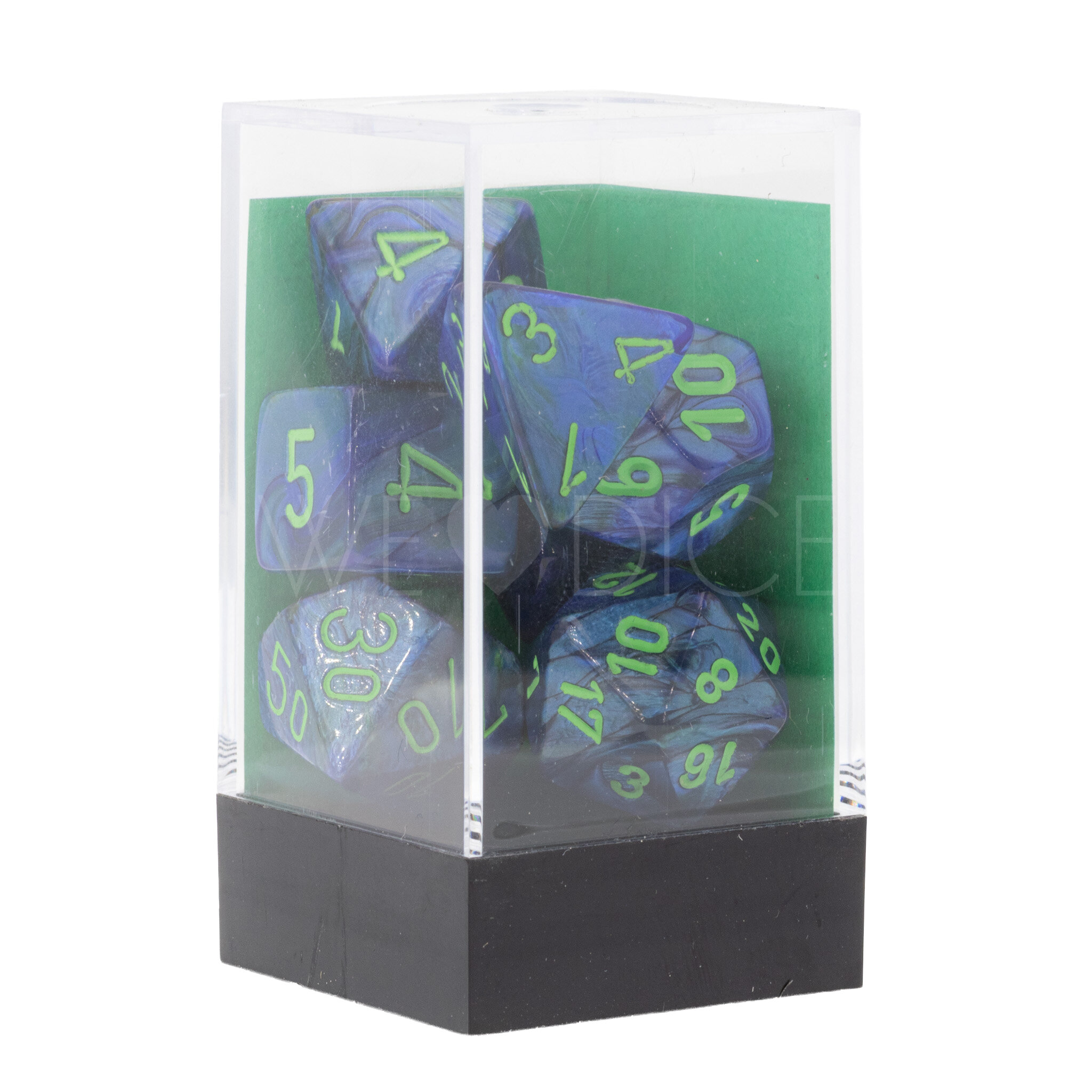 Lustrous  Polyhedral Dark Blue w/Green 7-Würfel Set
