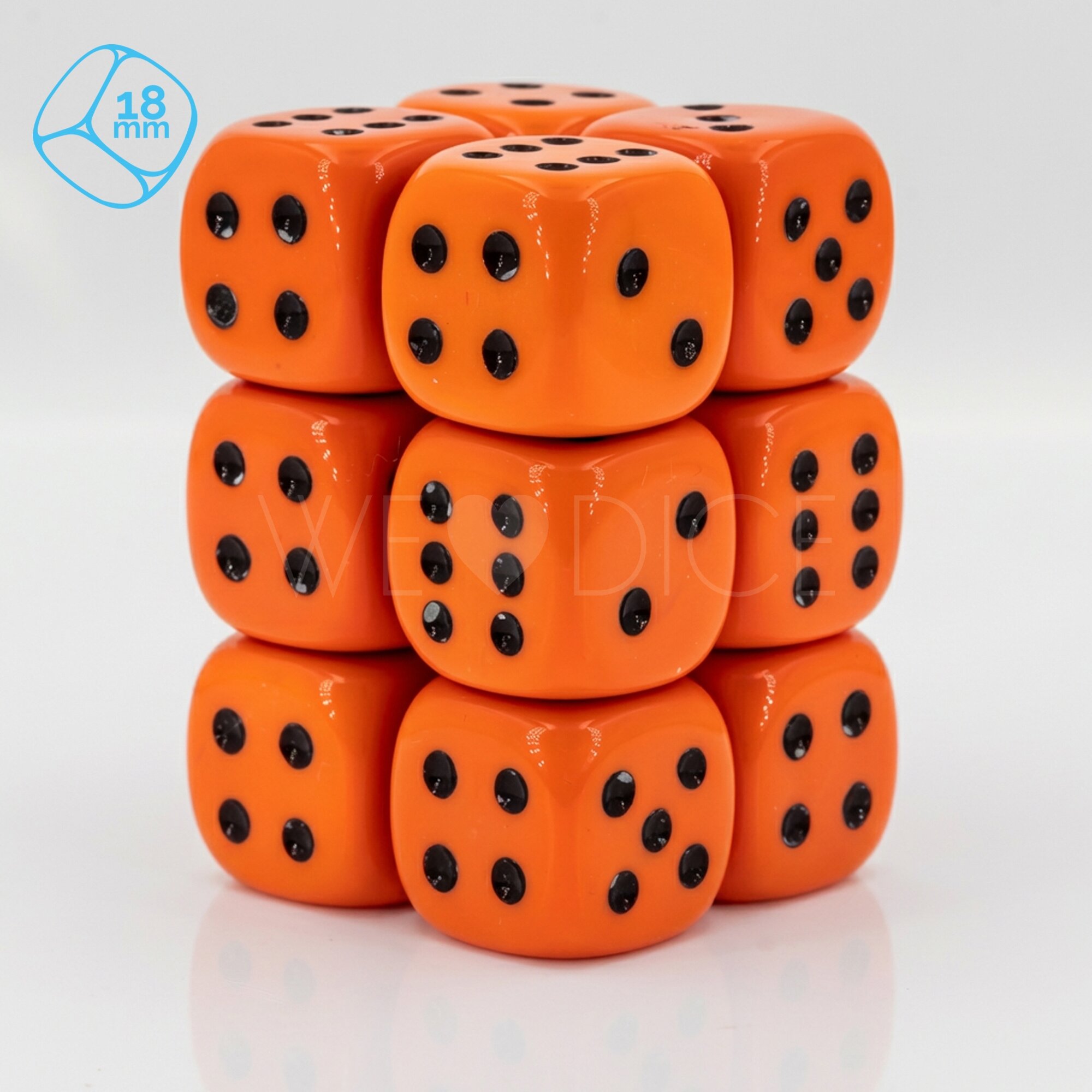 Opaque orange / black 18mm D6 Dice Set  (12 Pcs)