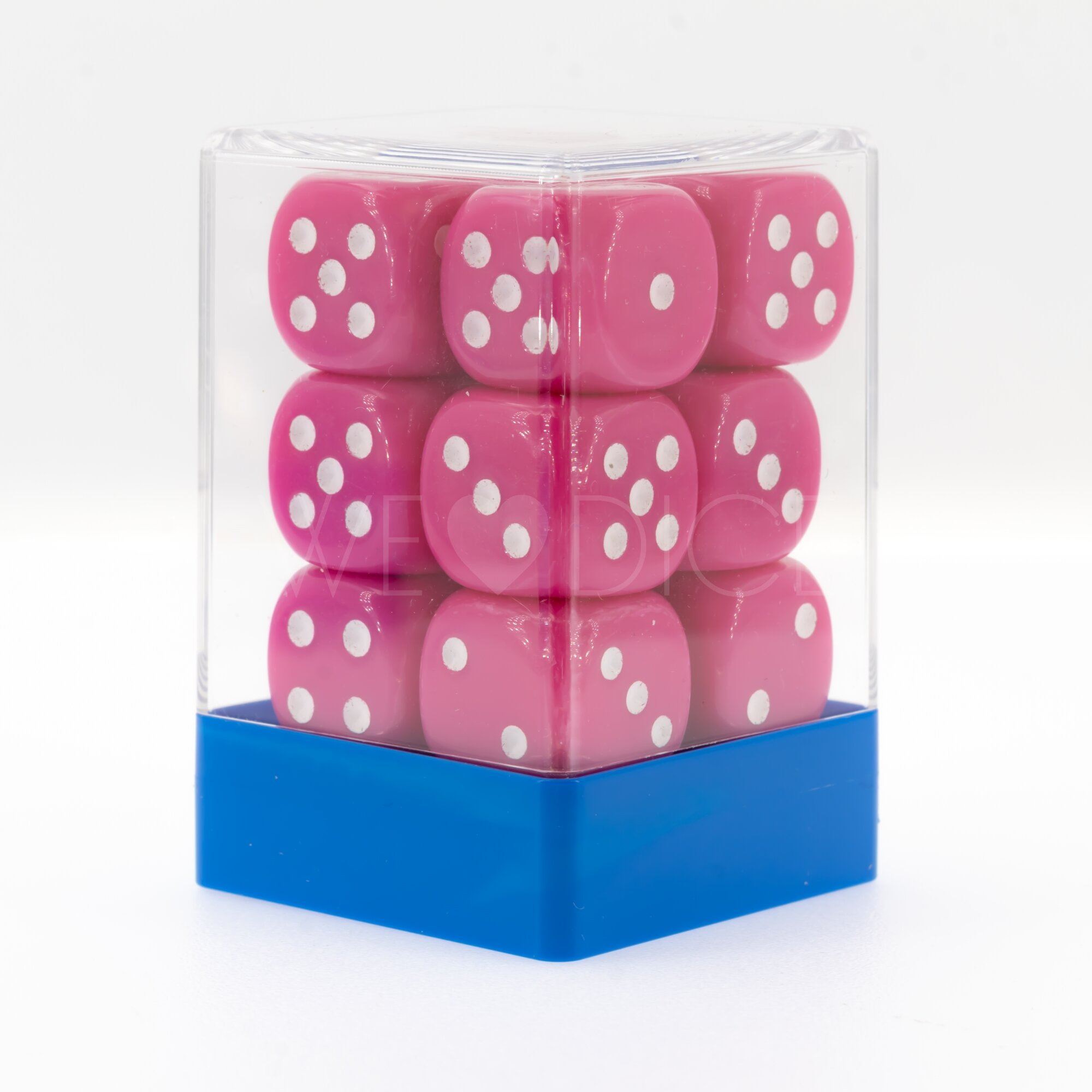 Opaque pink / white 16mm D6 Dice Set  (12Pcs)