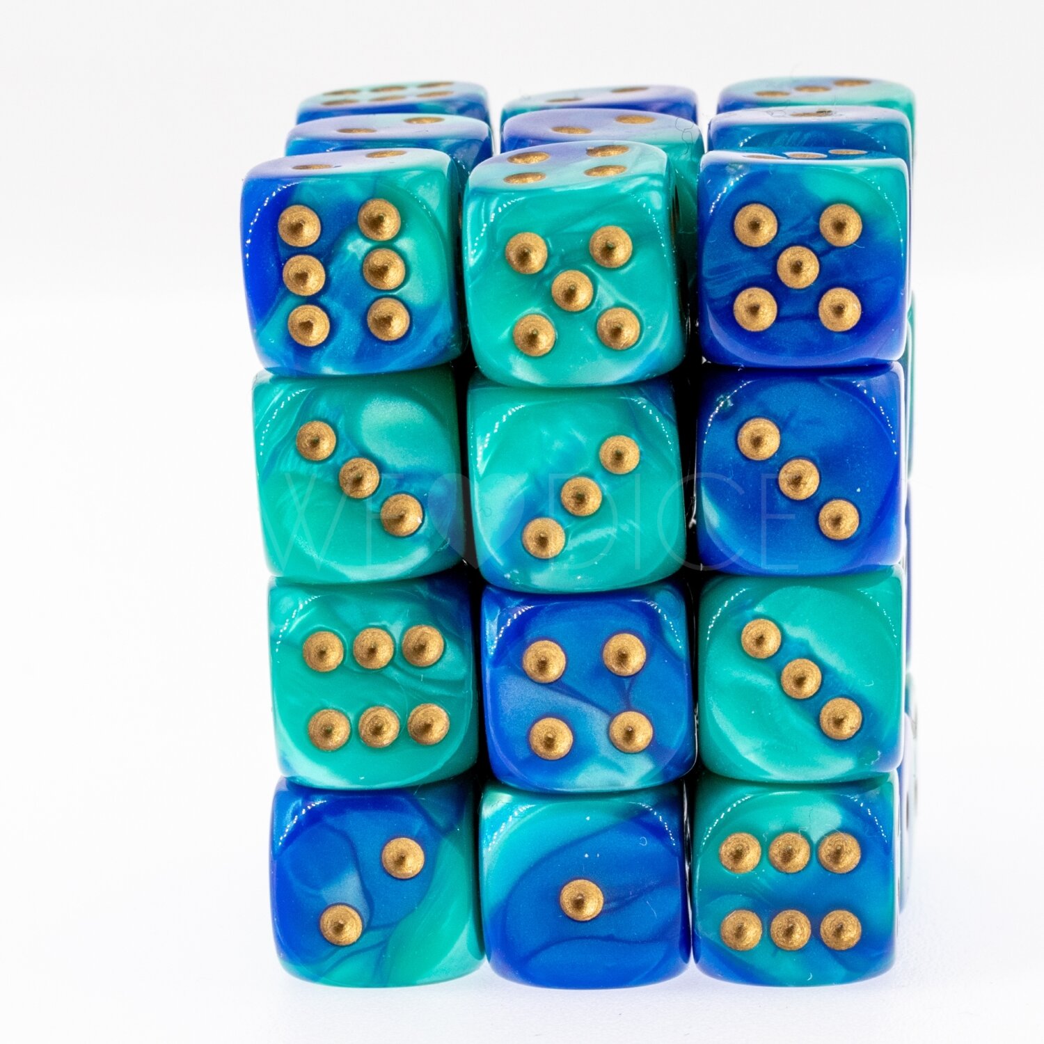 Gemini® Blau-Grün / gold 12mm W6 Würfel Set (36 Würfel)