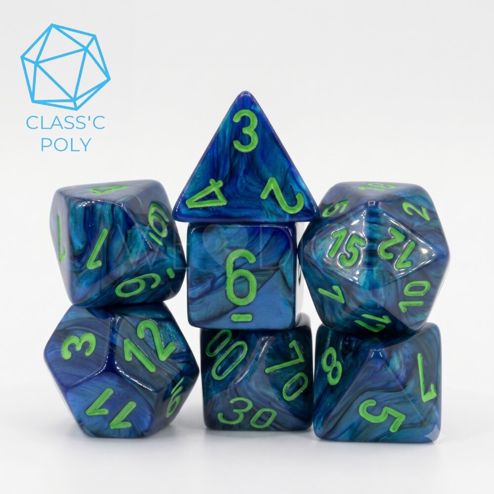Lustrous  Polyhedral Dark Blue w/Green 7-Würfel Set