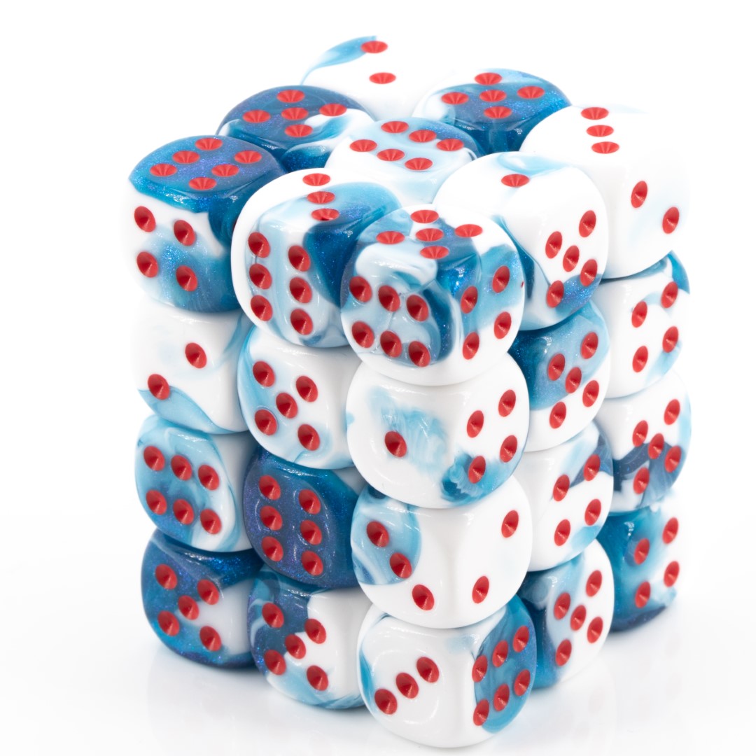 Gemini® Astral Blue-White / red 12mm D6 Dice Set (36 dice)
