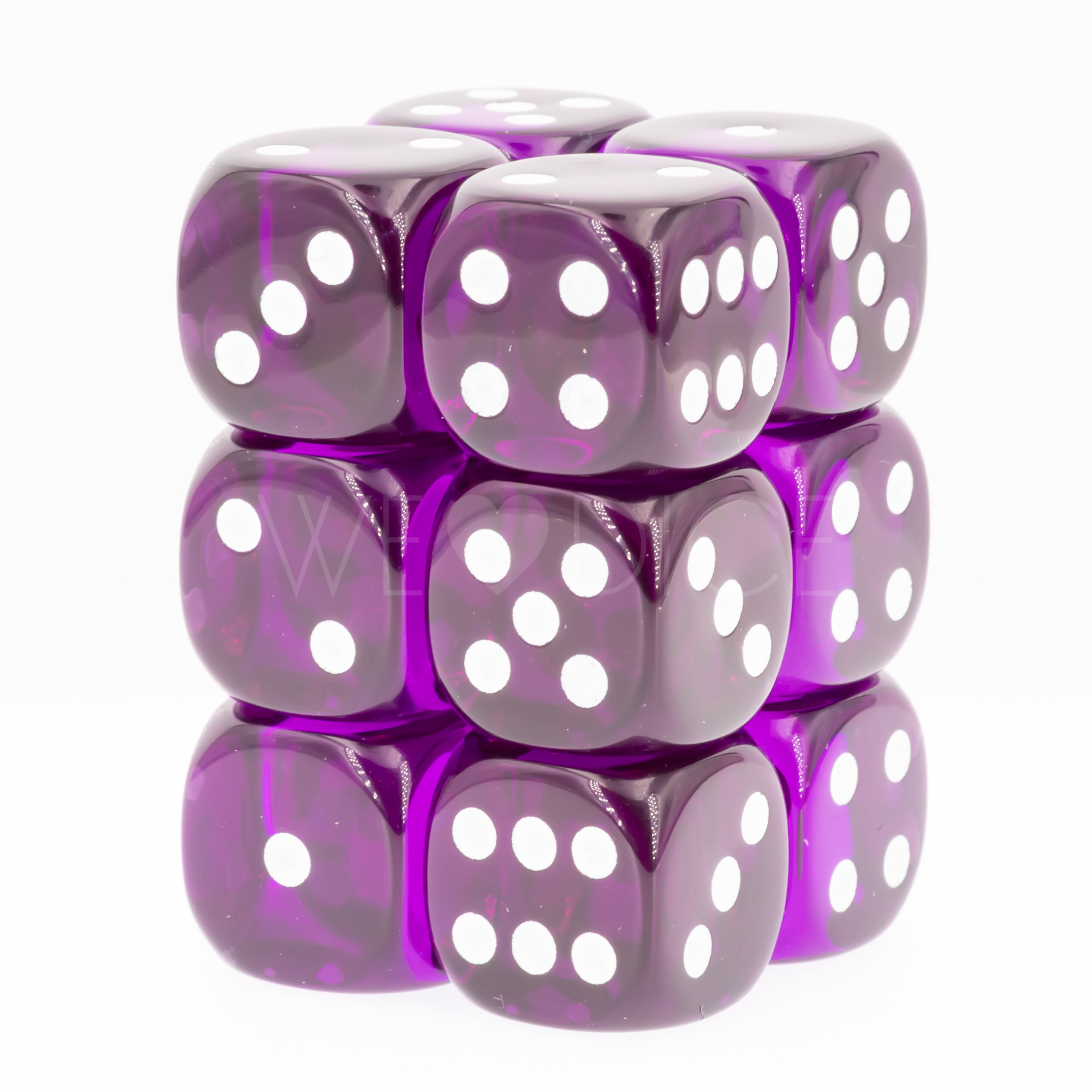 Translucent Purple / white 16mm D6 Dice Set (12 dice)