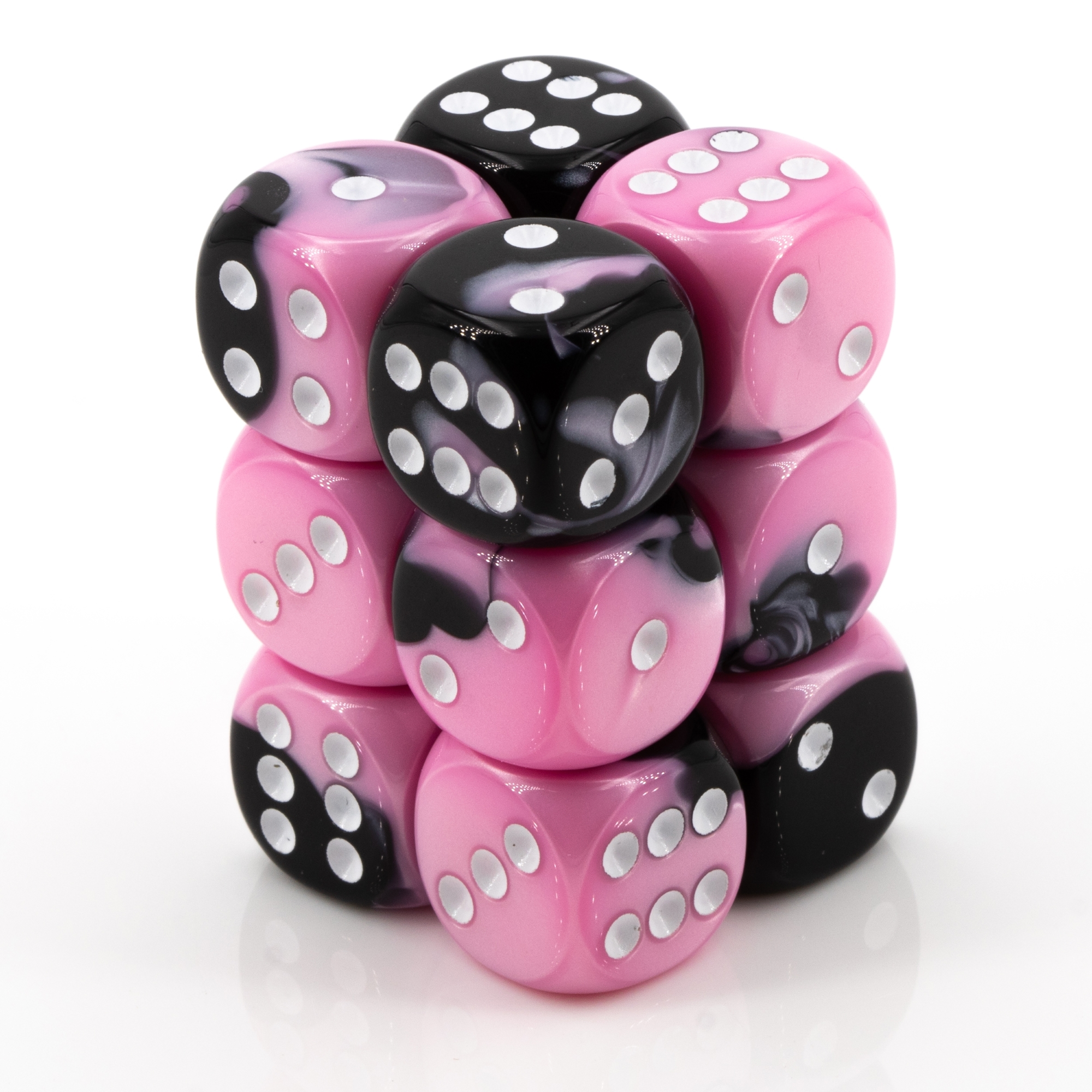 Gemini® Schwarz-Pink / weiß 16mm W6 Würfel Set (12 Würfel)