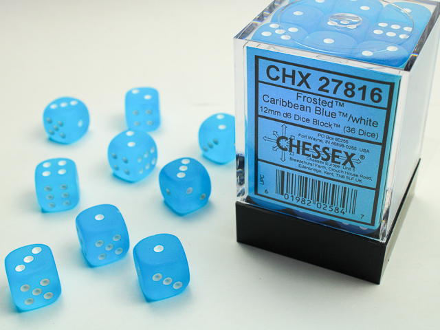 Frosted Caribbean Blue / white 12mm D6 Dice Set (36 dice)