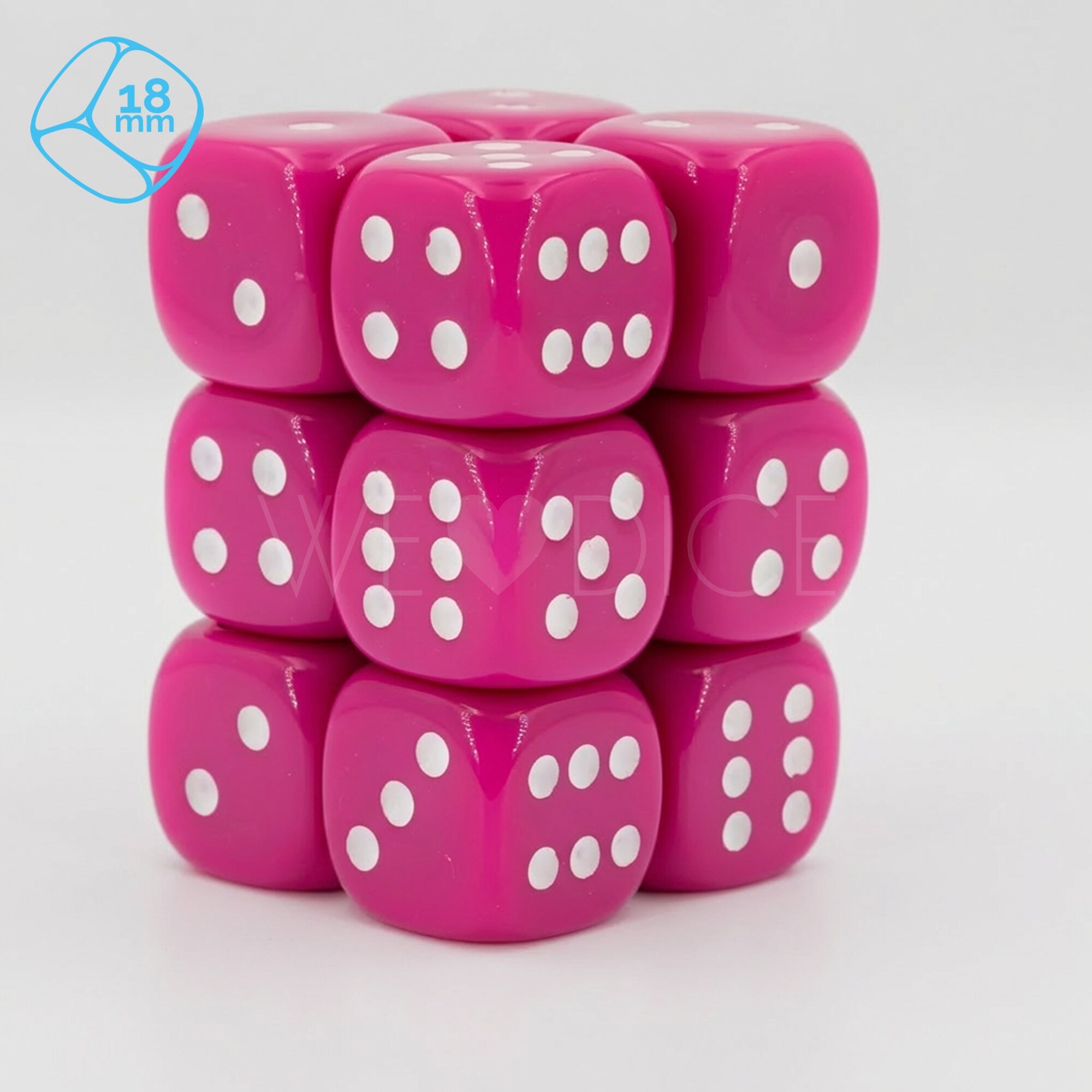 Opaque pink / white 18mm D6 Dice Set  (12 Pcs)