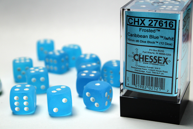 Frosted Caribbean Blue / white 16mm D6 Dice Set (12 dice)