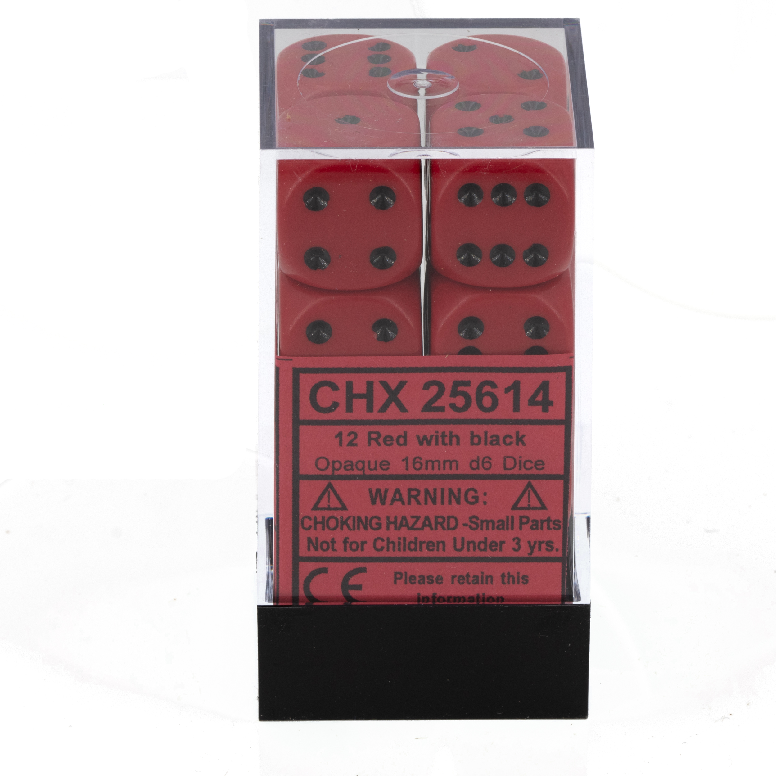 Opaque Red / black 16mm D6 Dice Set (12 dice)