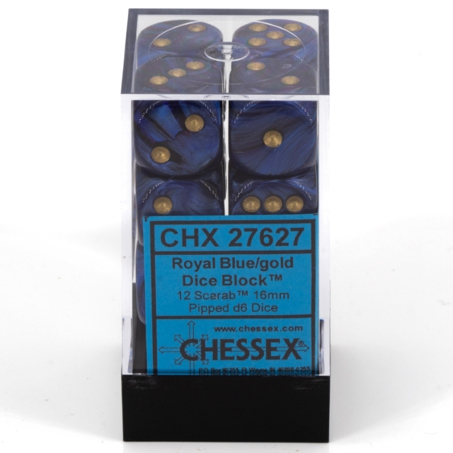 Scarab® Königsblau / Gold 16mm W6 Würfel Set (12 Würfel)
