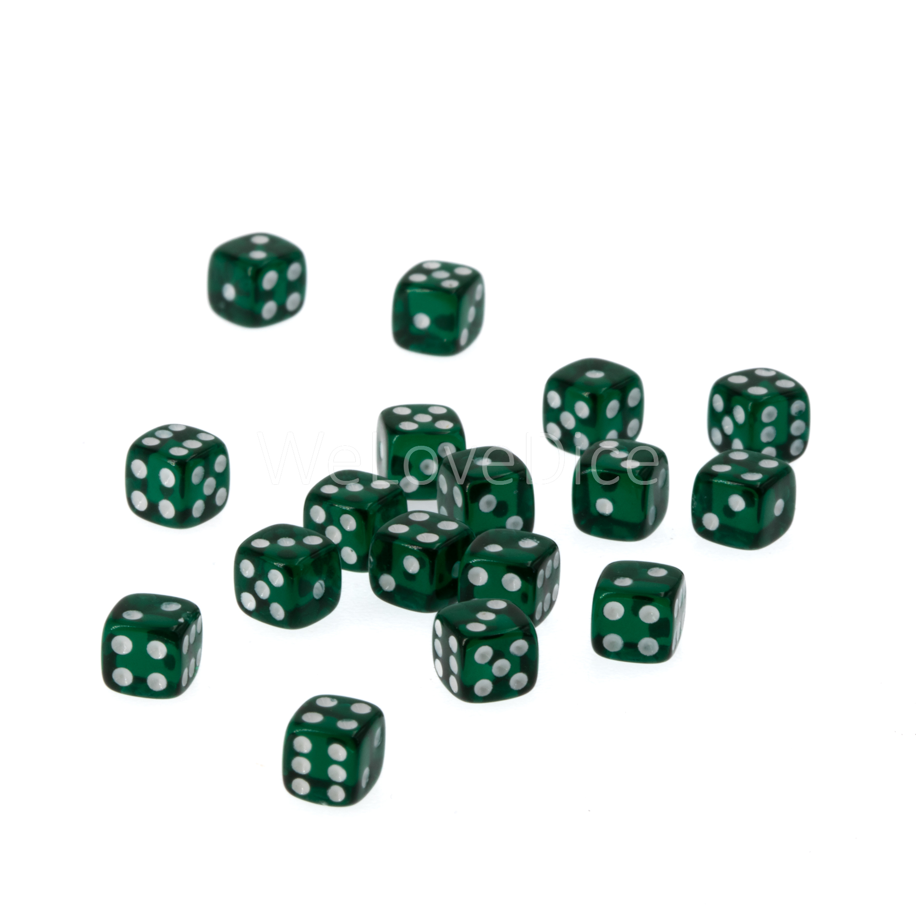 5mm  D6 Dice in dark green translucent / white Translucent