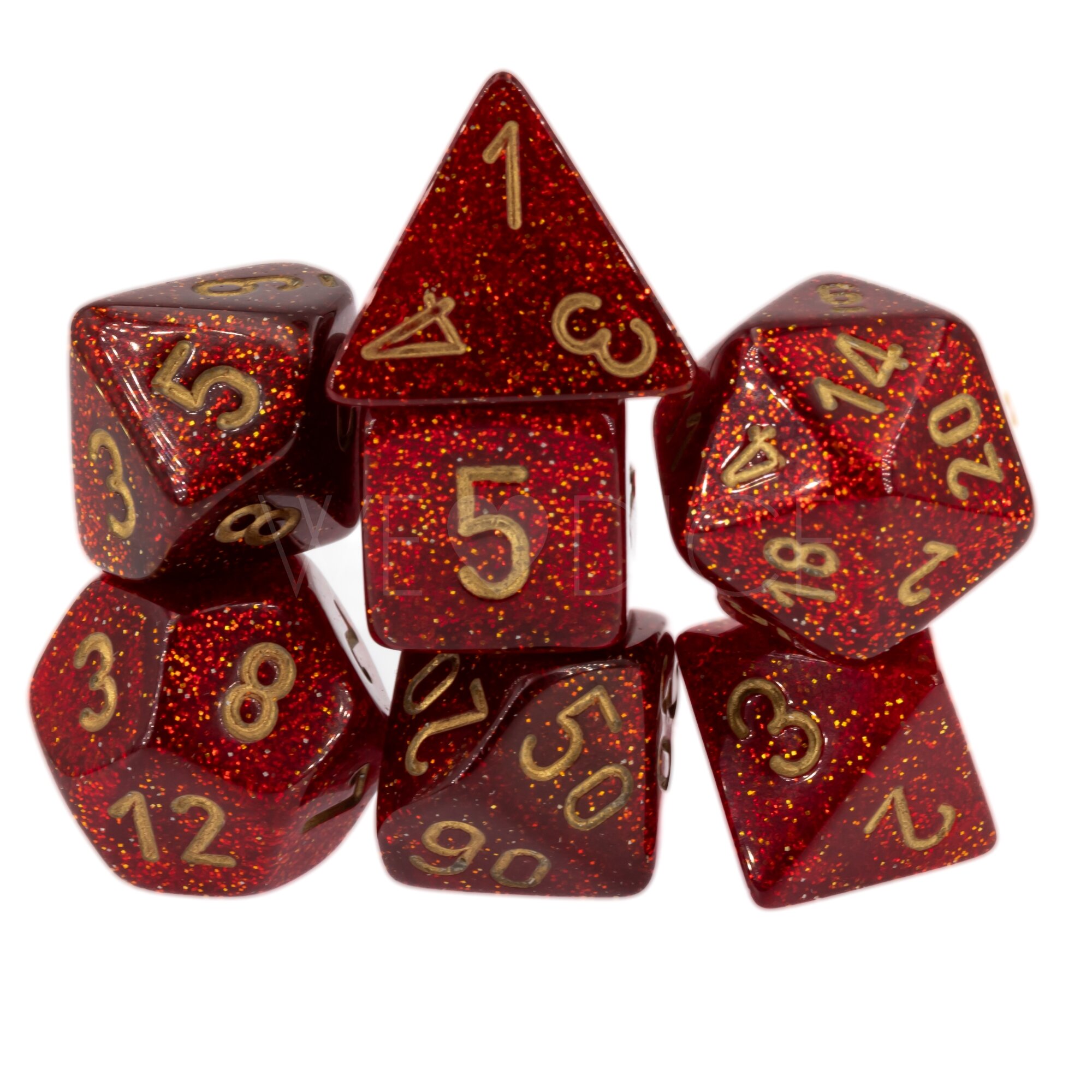 Glitter Polyhedral Ruby / Gold 7-Würfel Set