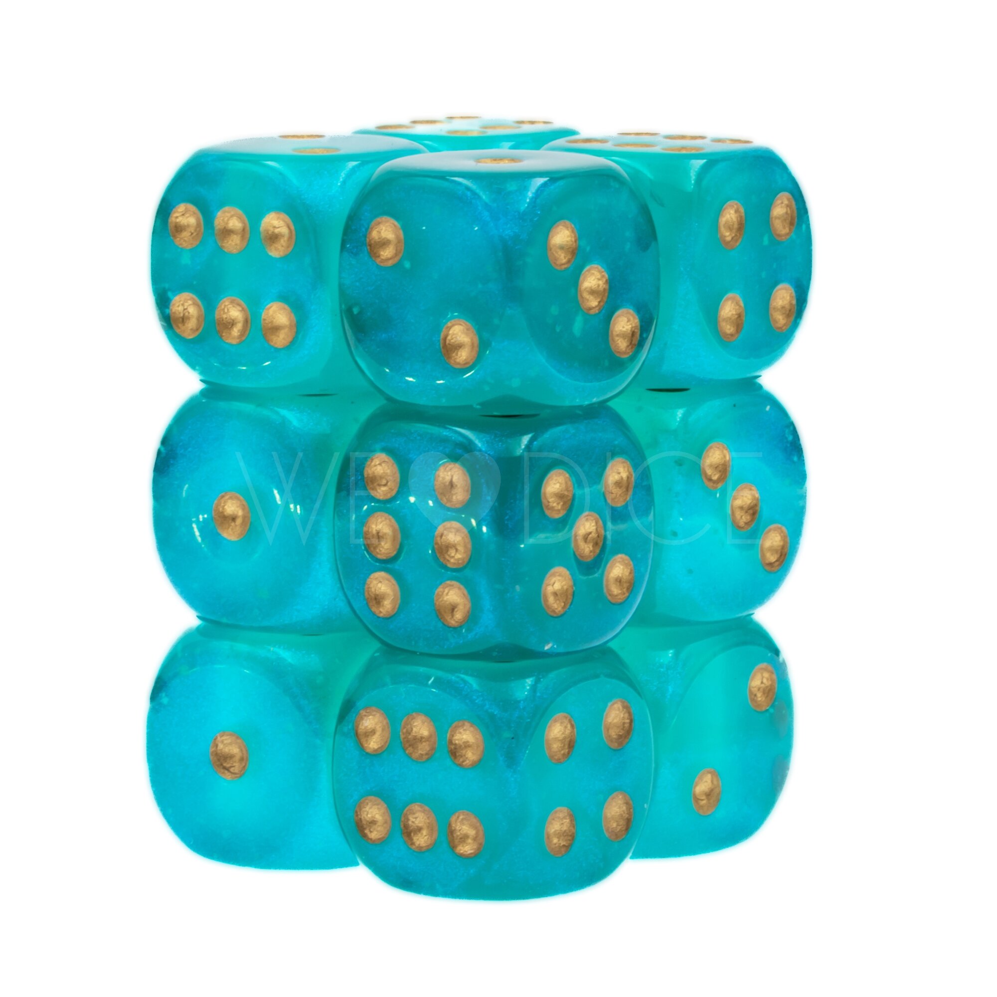 Borealis® Blaugrün / Gold 16mm W6 Würfel Set (12 Würfel)