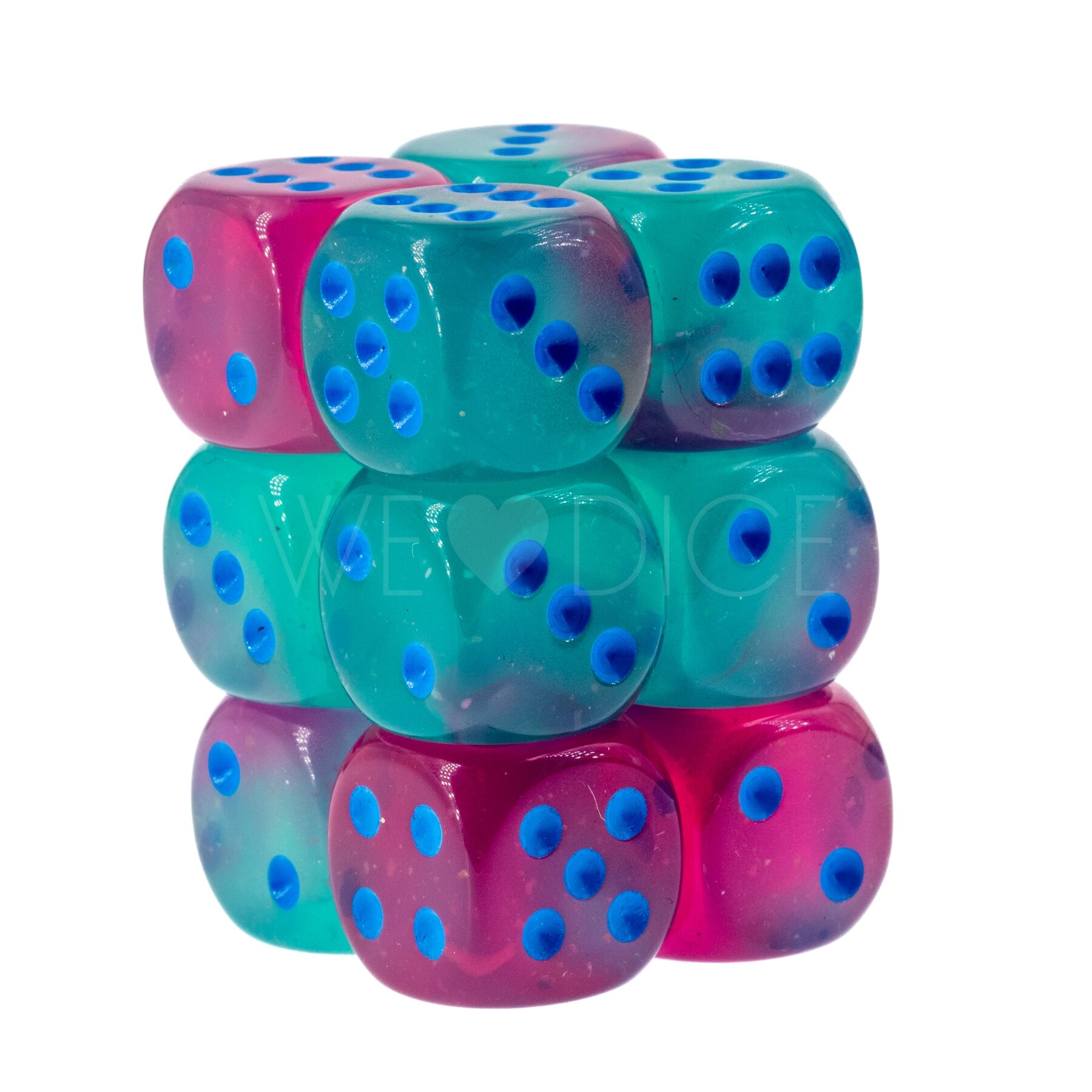 Gemini®, Luminary™ Gel Green-Pink / blue 16mm D6 Dice Set (12 dice)
