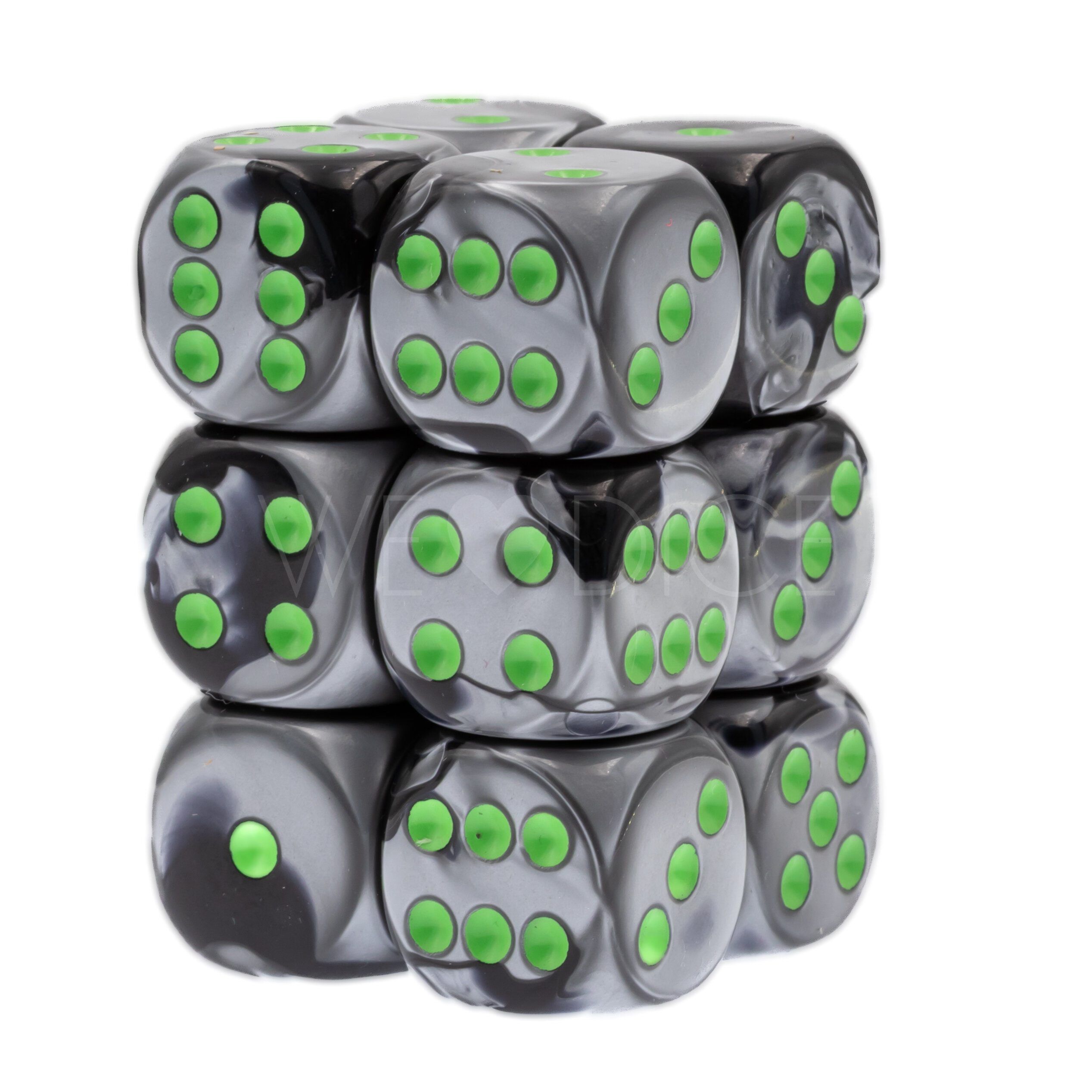 Gemini® Schwarz-Grau / grün 16mm W6 Würfel Set (12 Würfel)
