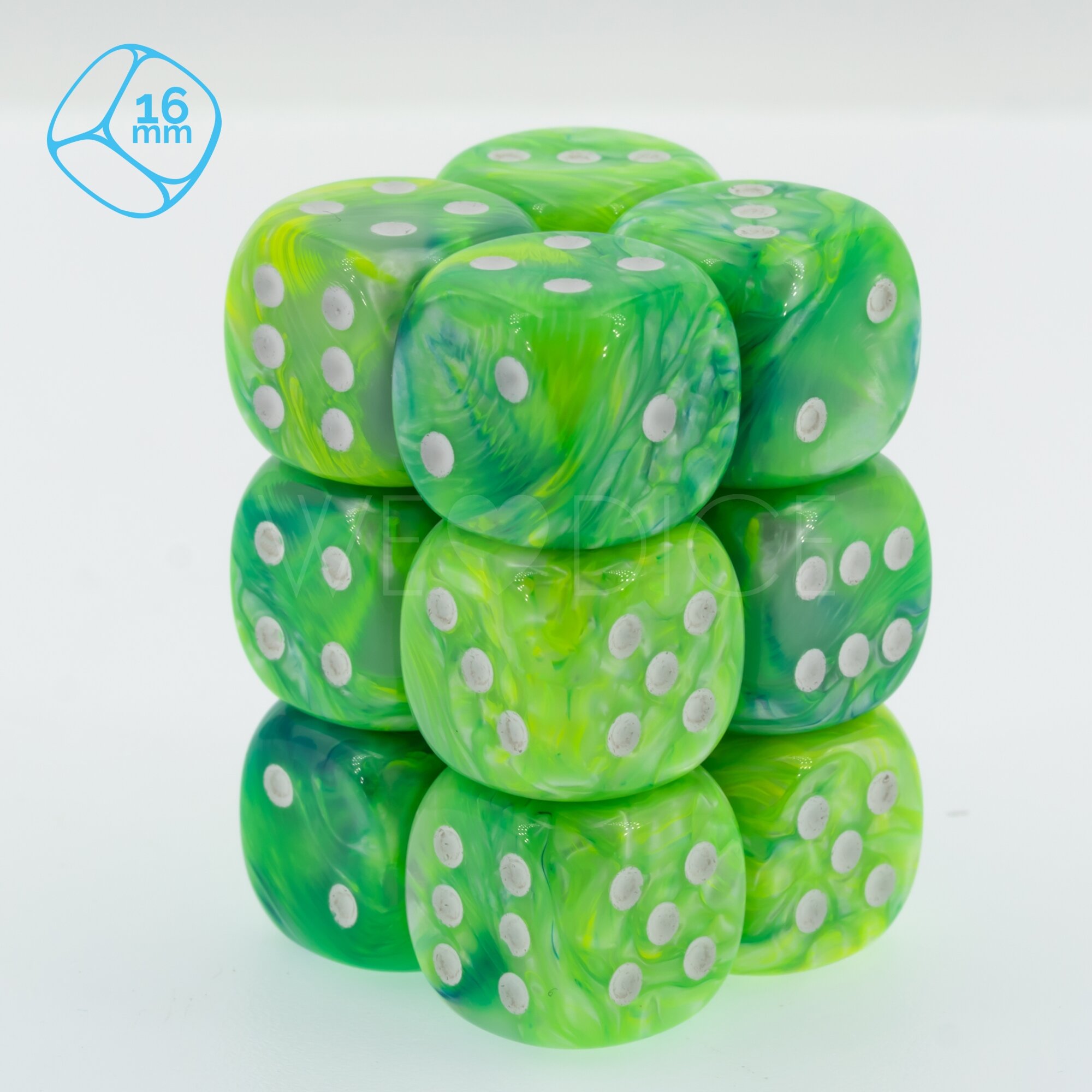 Serica Jade / white 16mm D6 Dice Set  (12Pcs)