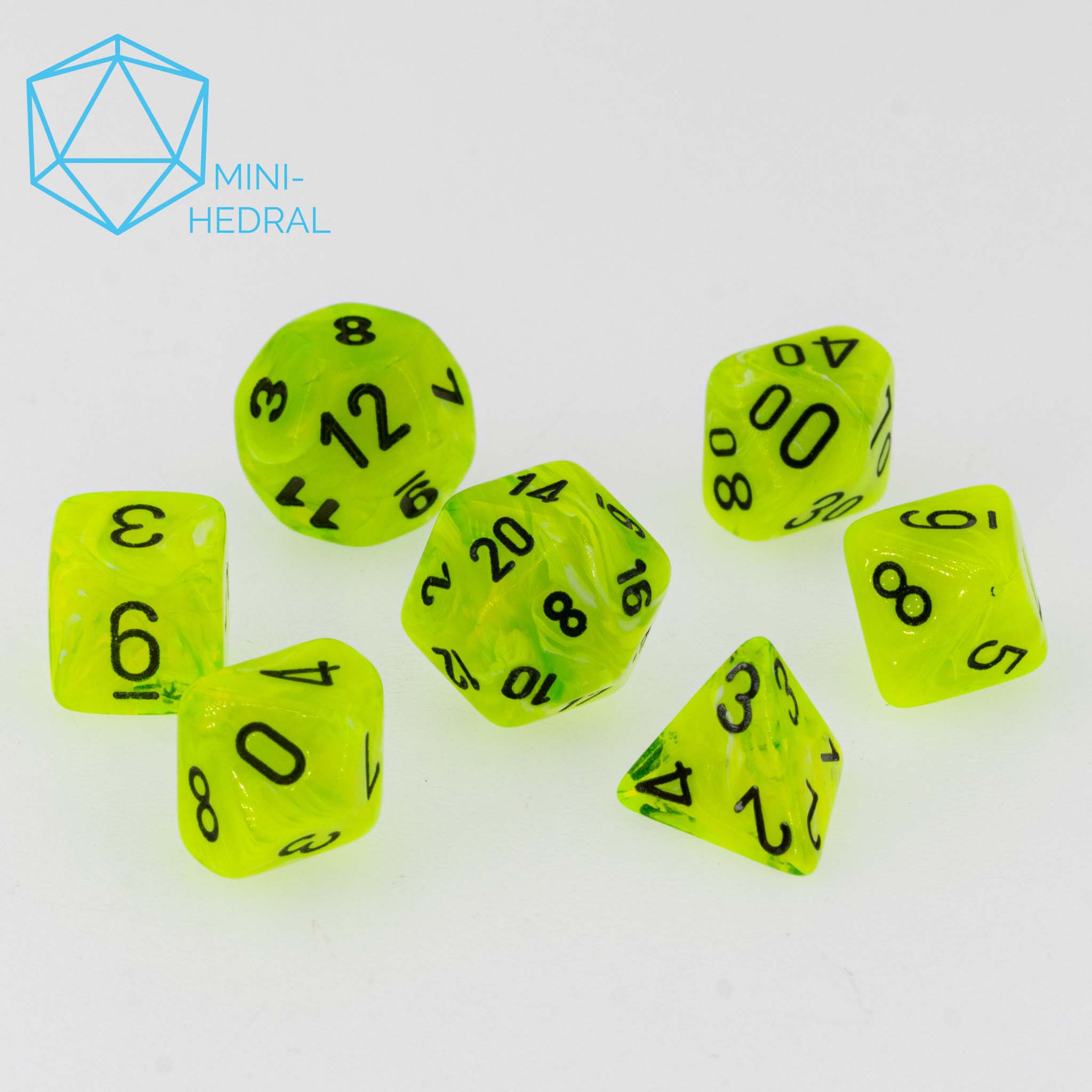 Mini-hedral Vortex® Polyhedral Hellgrün / Schwarz 7-Würfel Set