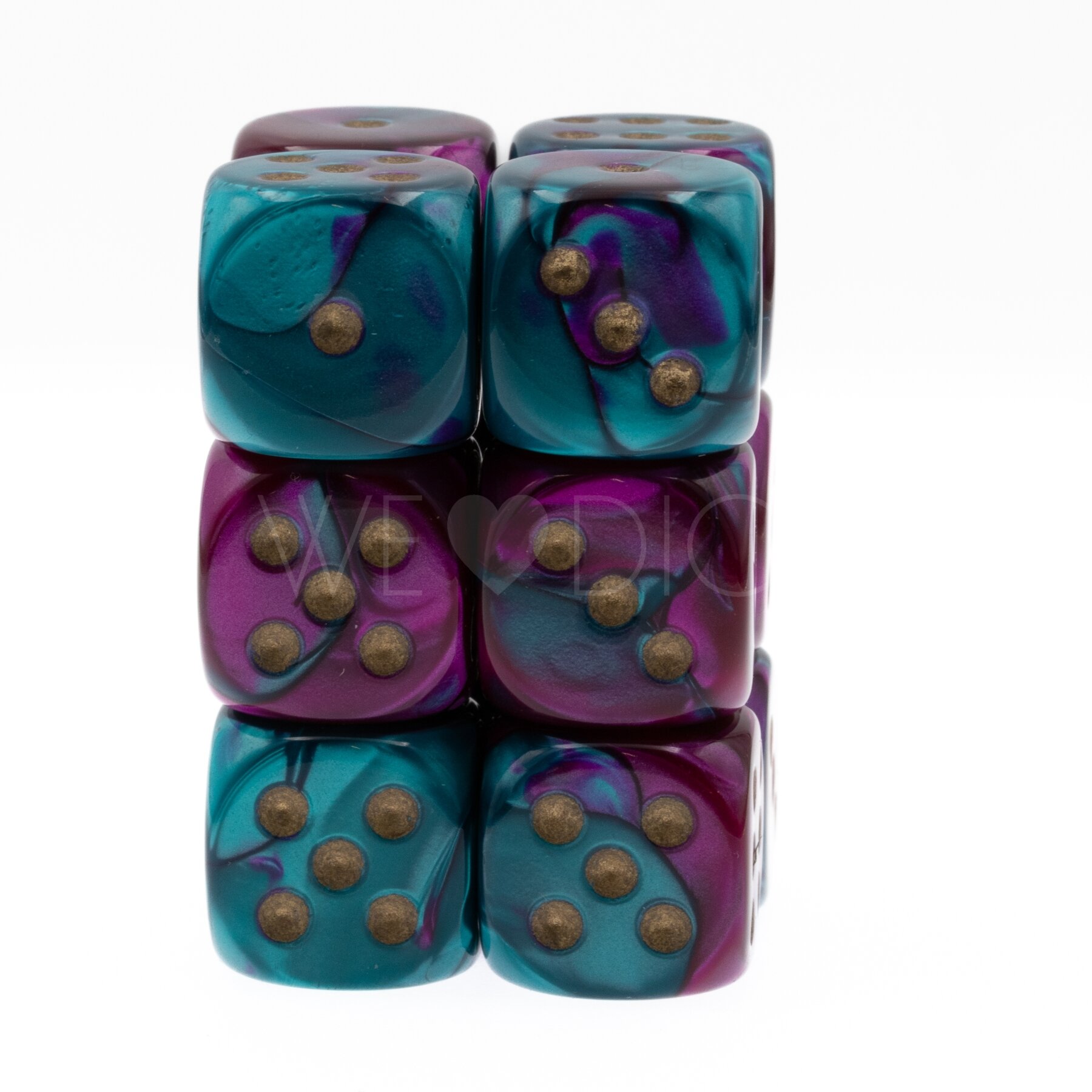 Gemini® Lila-Blaugrün / gold 16mm W6 Würfel Set (12 Würfel)