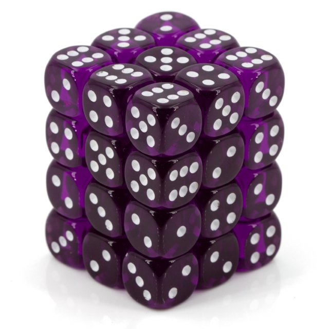 Translucent Purple / white 12mm D6 Dice Set (36 dice)