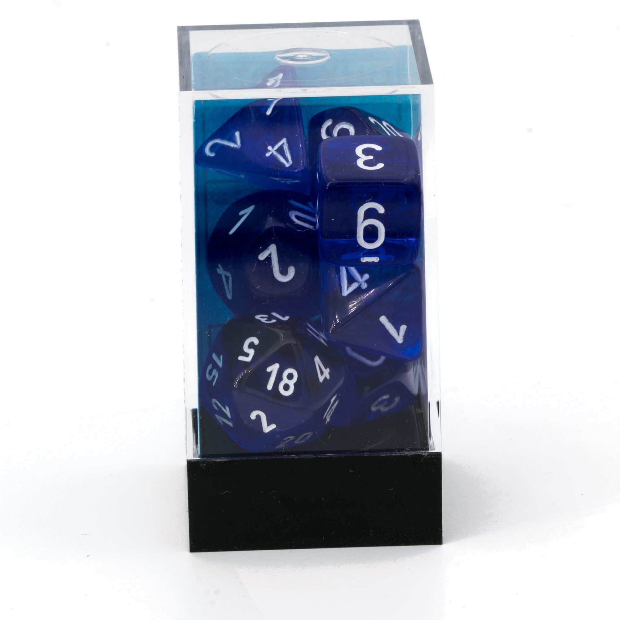 Transparent Polyhedral Blau / weiß 7-Würfel Set