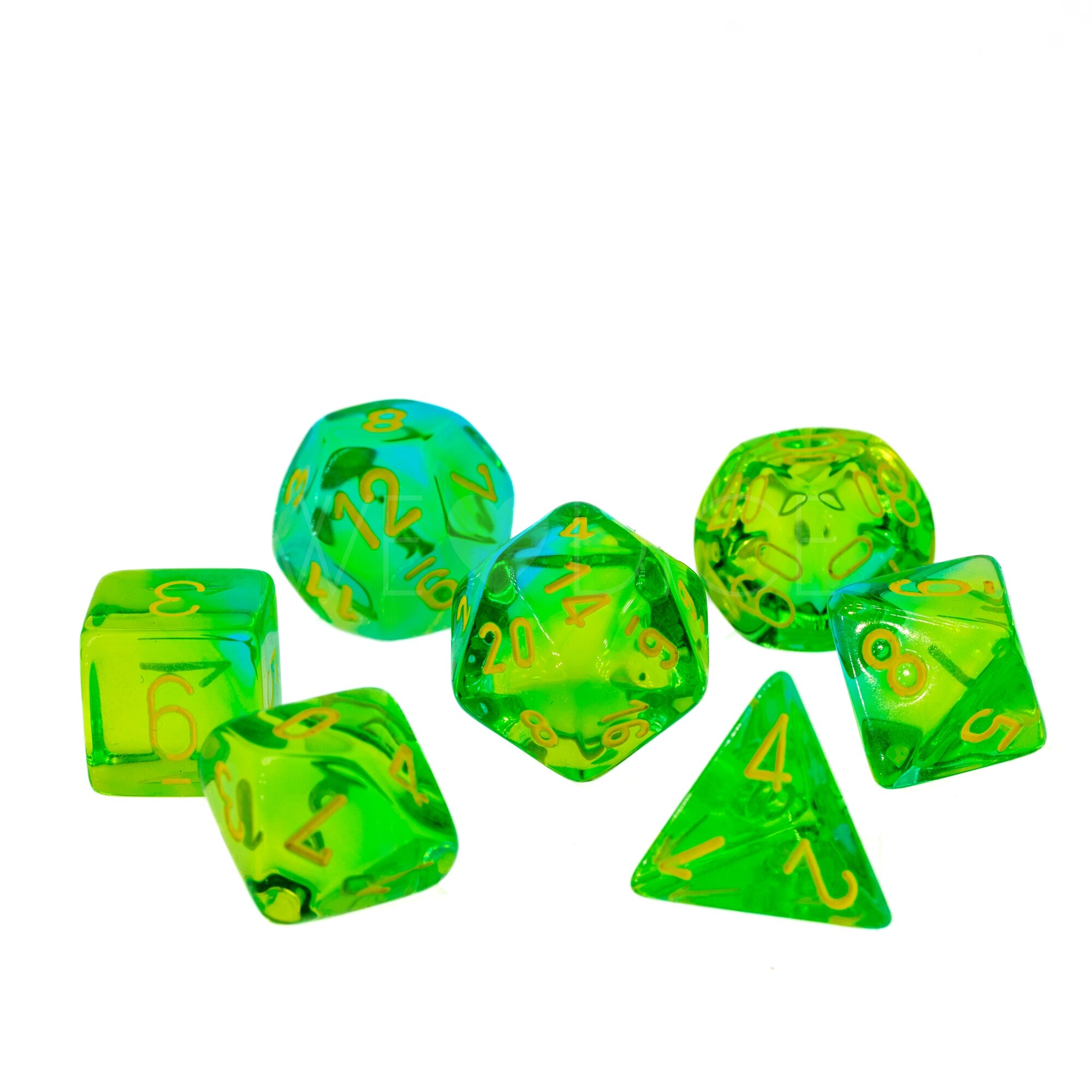 Gemini®, Transparent Polyhedral Grün-Blaugrün / gelb 7-Würfel Set