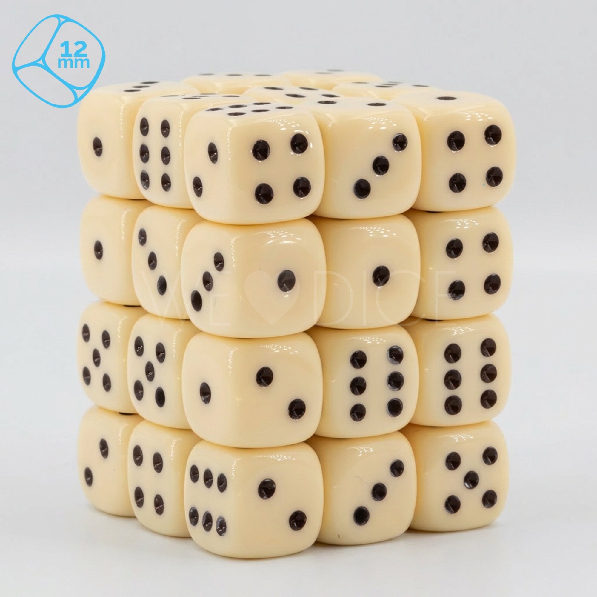 Opaque ivory  / black 12mm D6 Dice Set  (36Pcs)