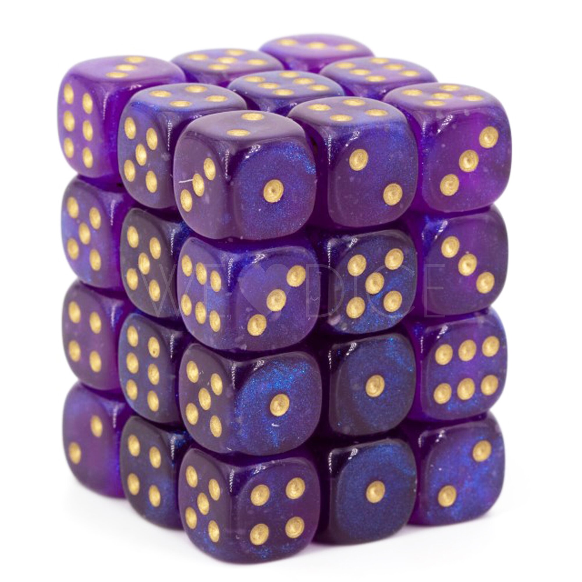 Borealis® Königsviolett / Gold 12mm W6 Würfel Set (36 Würfel)