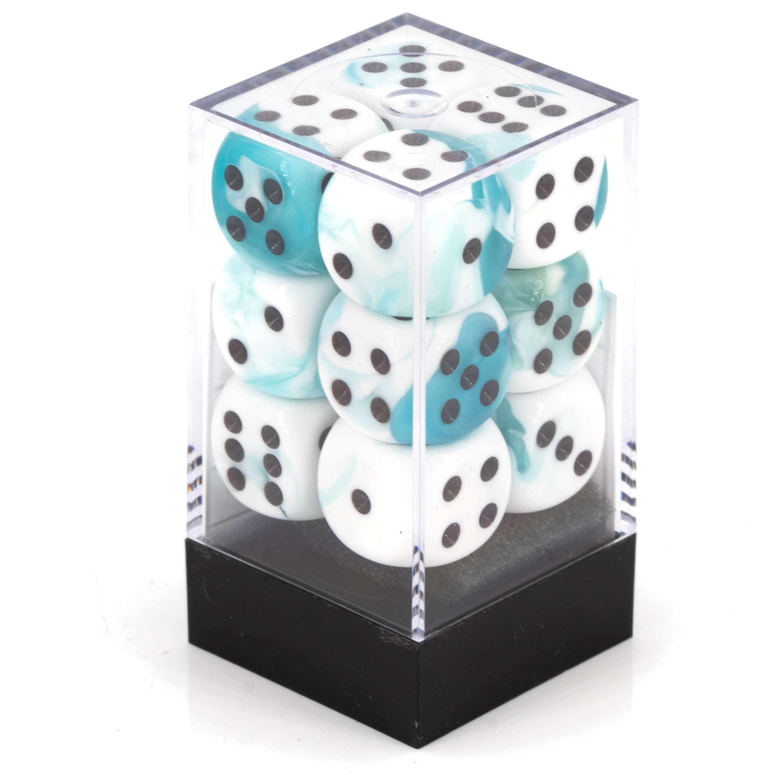 Gemini® White-Teal / black 16mm D6 Dice Set (12 dice)