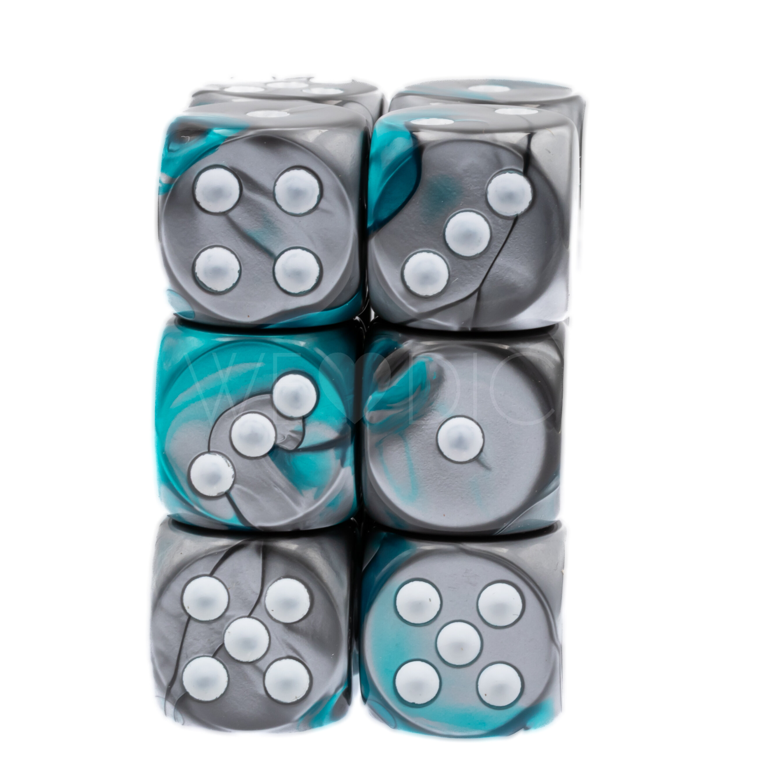 Gemini® Stah-Türkis / weiß 16mm W6 Würfel Set (12 Würfel)