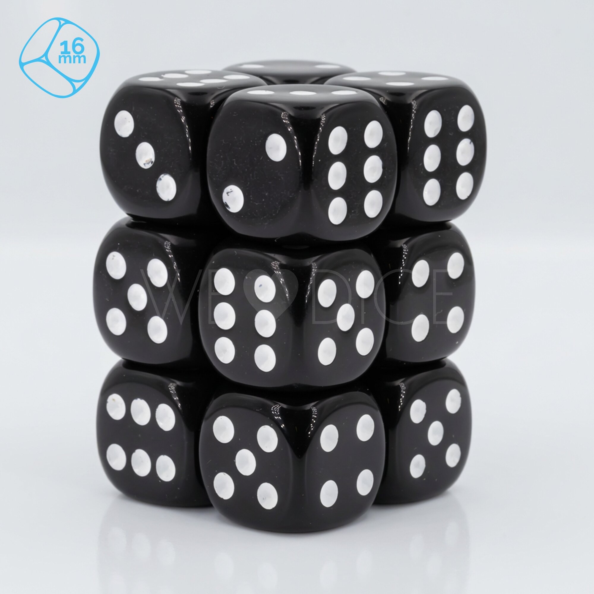 Opaque black / white 16mm D6 Dice Set  (12Pcs)