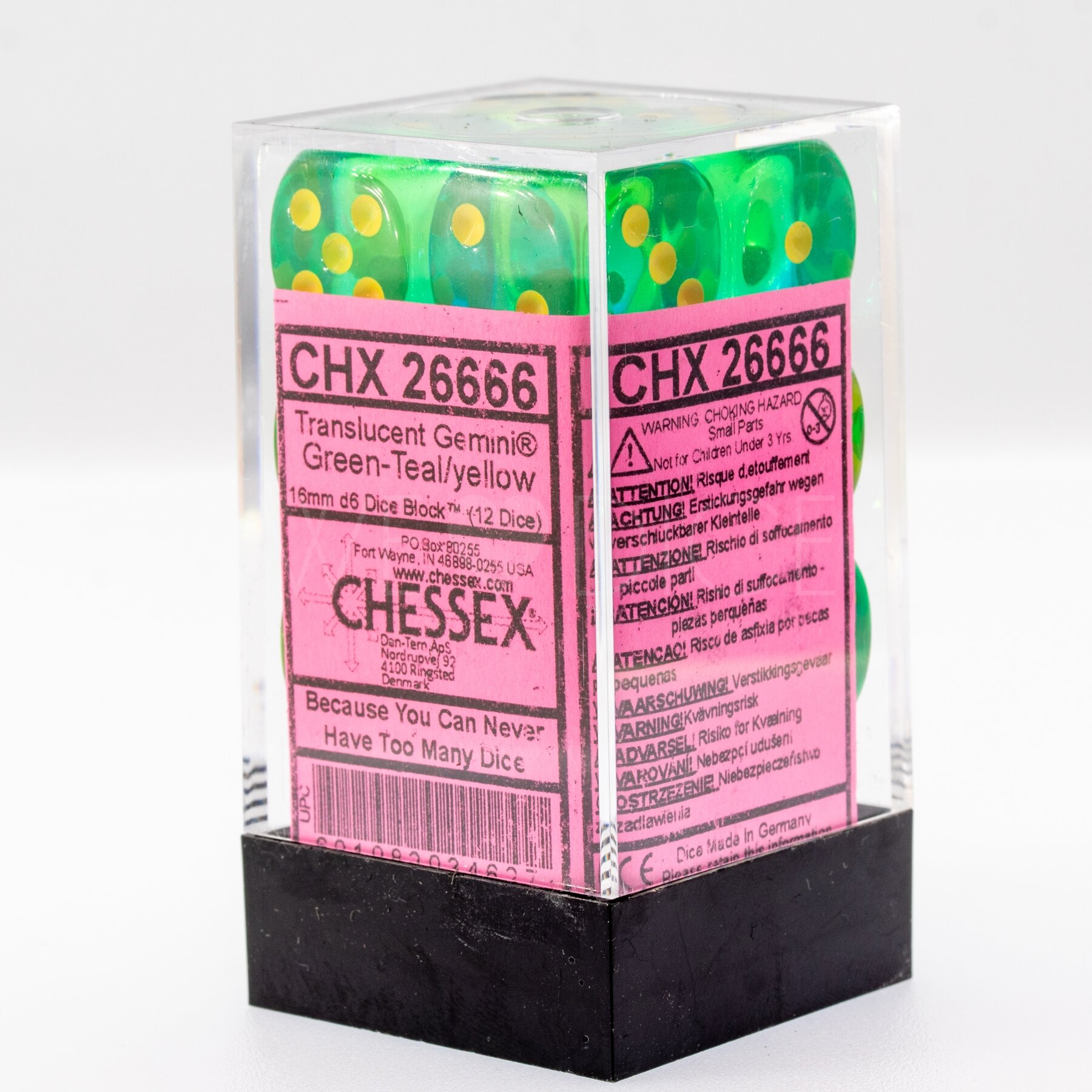 Gemini®, Transparent Grün-Blaugrün / gelb 16mm W6 Würfel Set (12 Würfel)