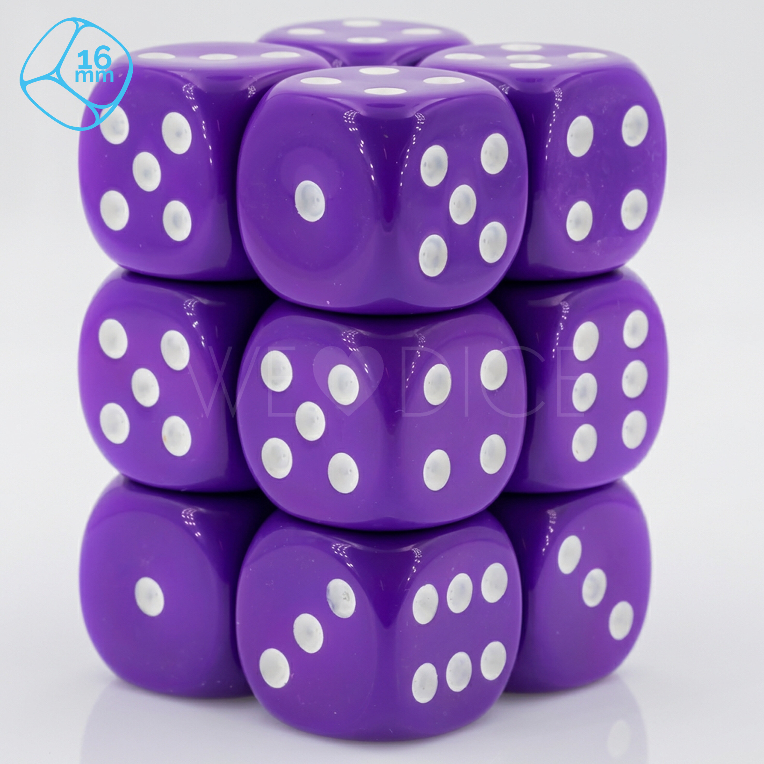 Opaque purple / white 18mm D6 Dice Set  (12 Pcs)