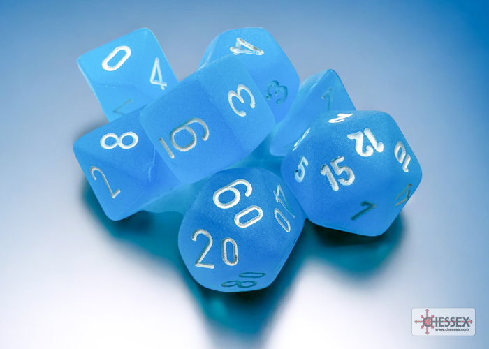 Frosted Mini-hedral Polyhedral Caribbean Blue / white 7-DieSet
