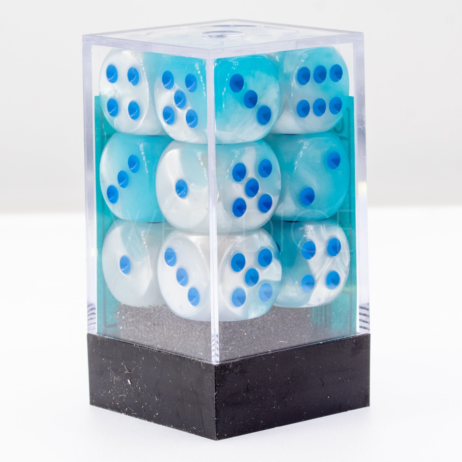 Gemini® Perltürkis-weiß / blau 16mm W6 Würfel Set (12 Würfel)