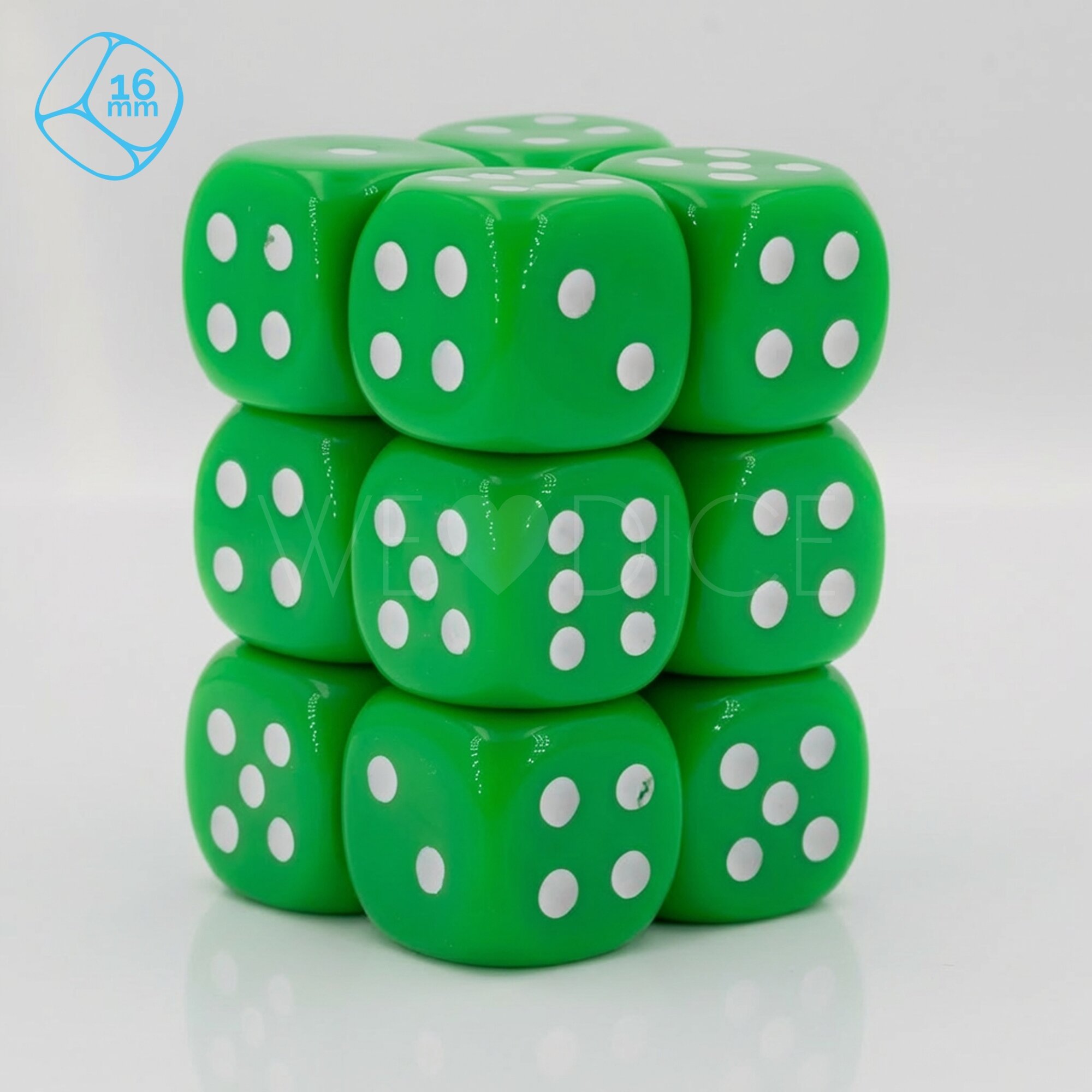 Opaque light green / white 16mm D6 Dice Set  (12Pcs)