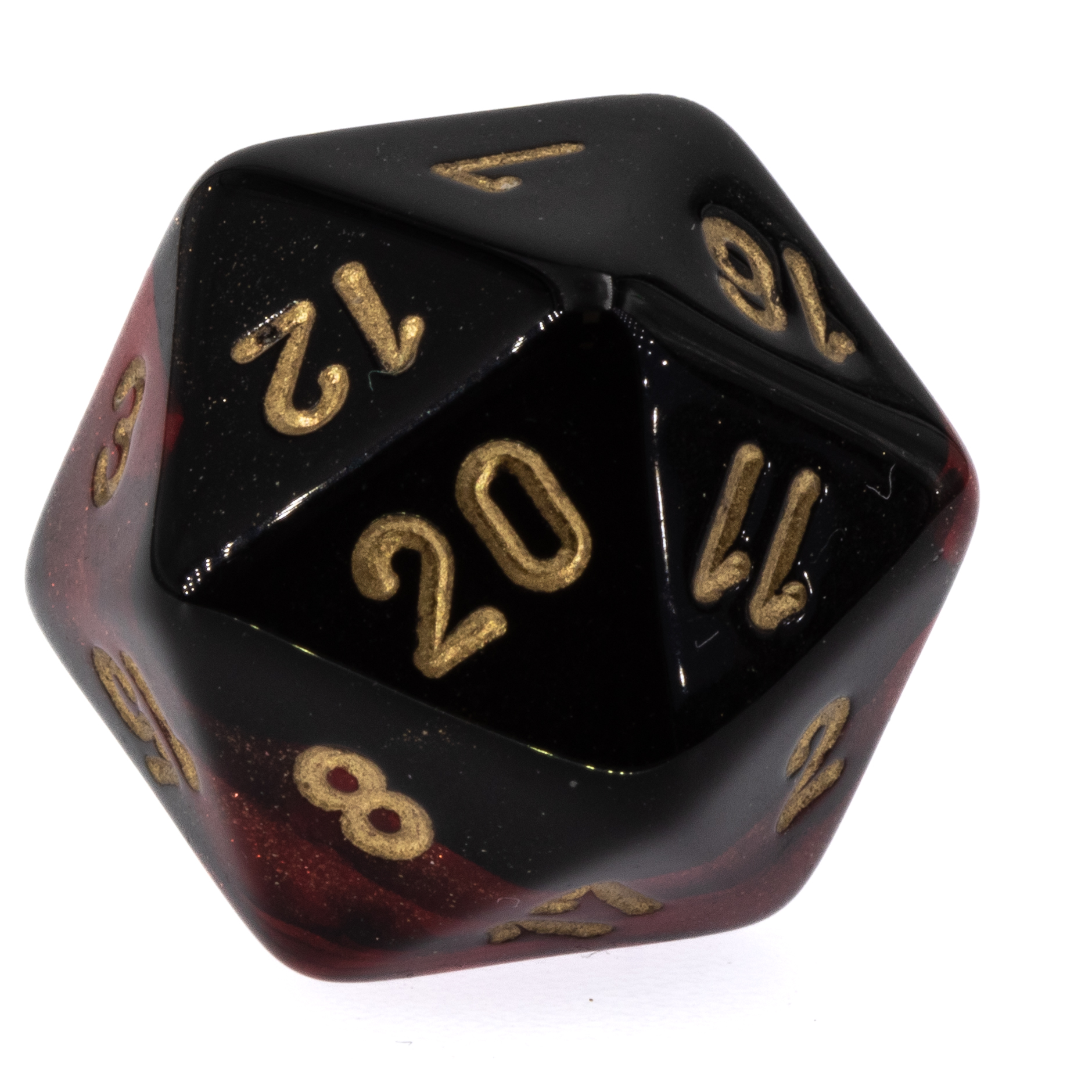 D20 dice in glitter red black / gold 2-way