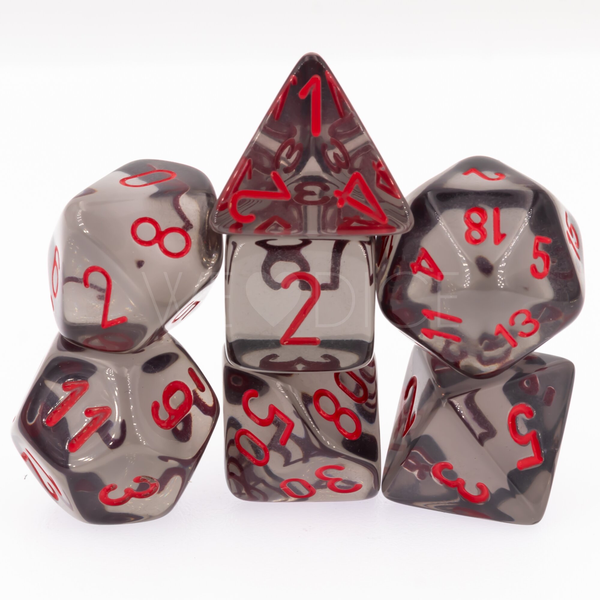 Transparent Polyhedral Rauch / rot 7-Würfel Set
