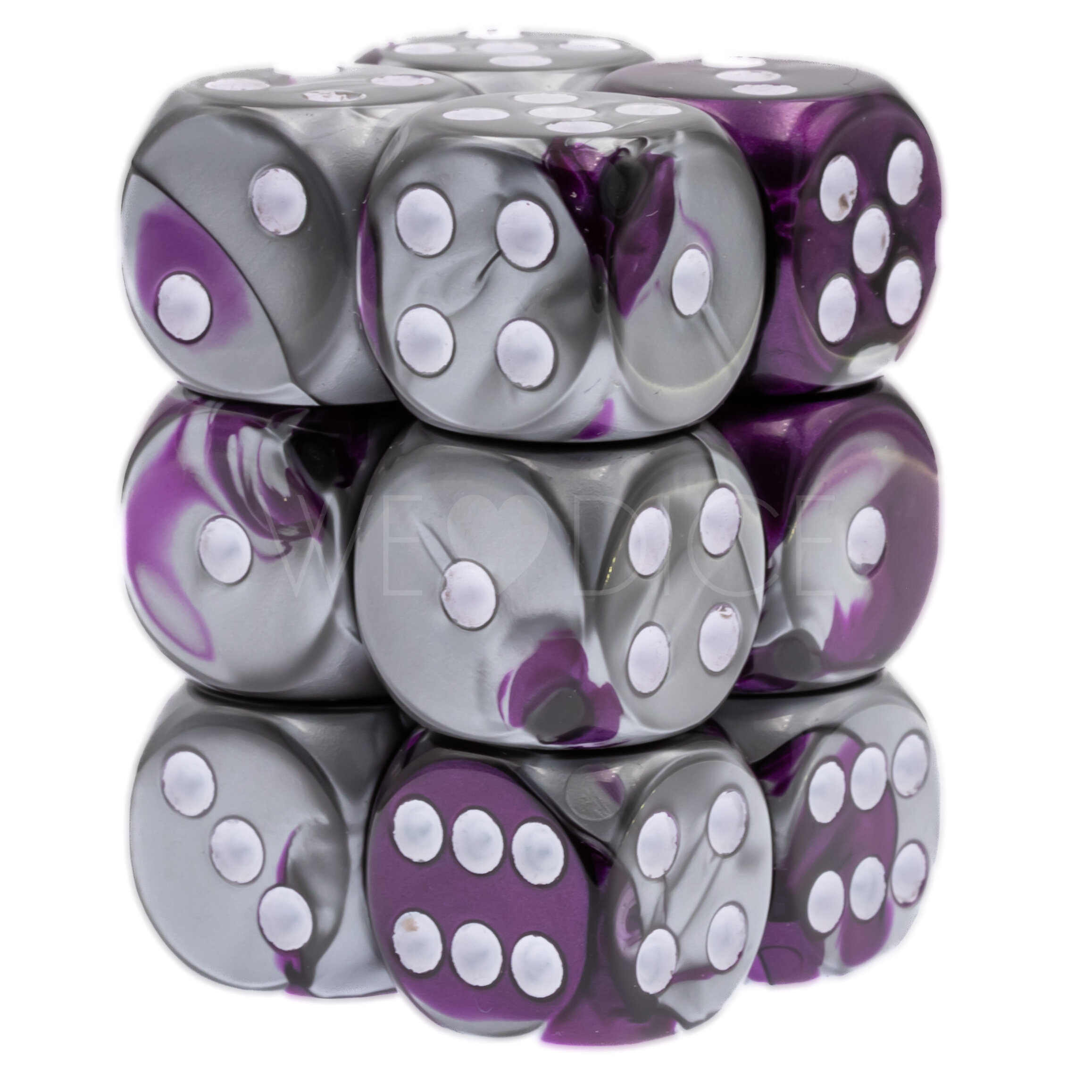 Gemini® Lila-Stahl / weiß 16mm W6 Würfel Set (12 Würfel)