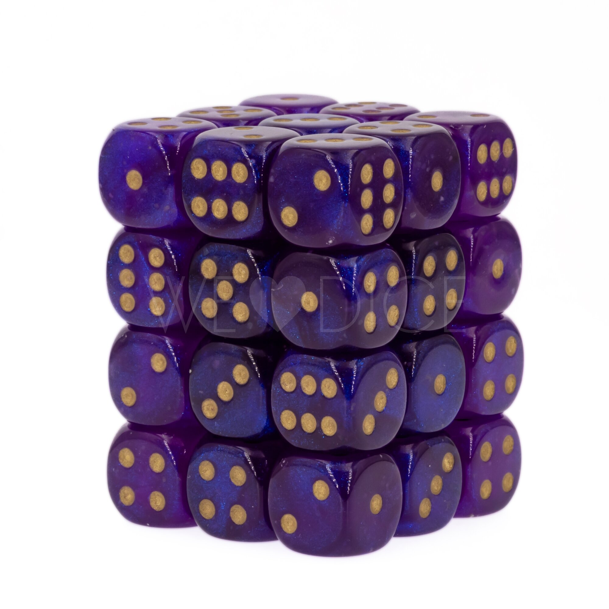 Borealis® Königsviolett / Gold 12mm W6 Würfel Set (36 Würfel)