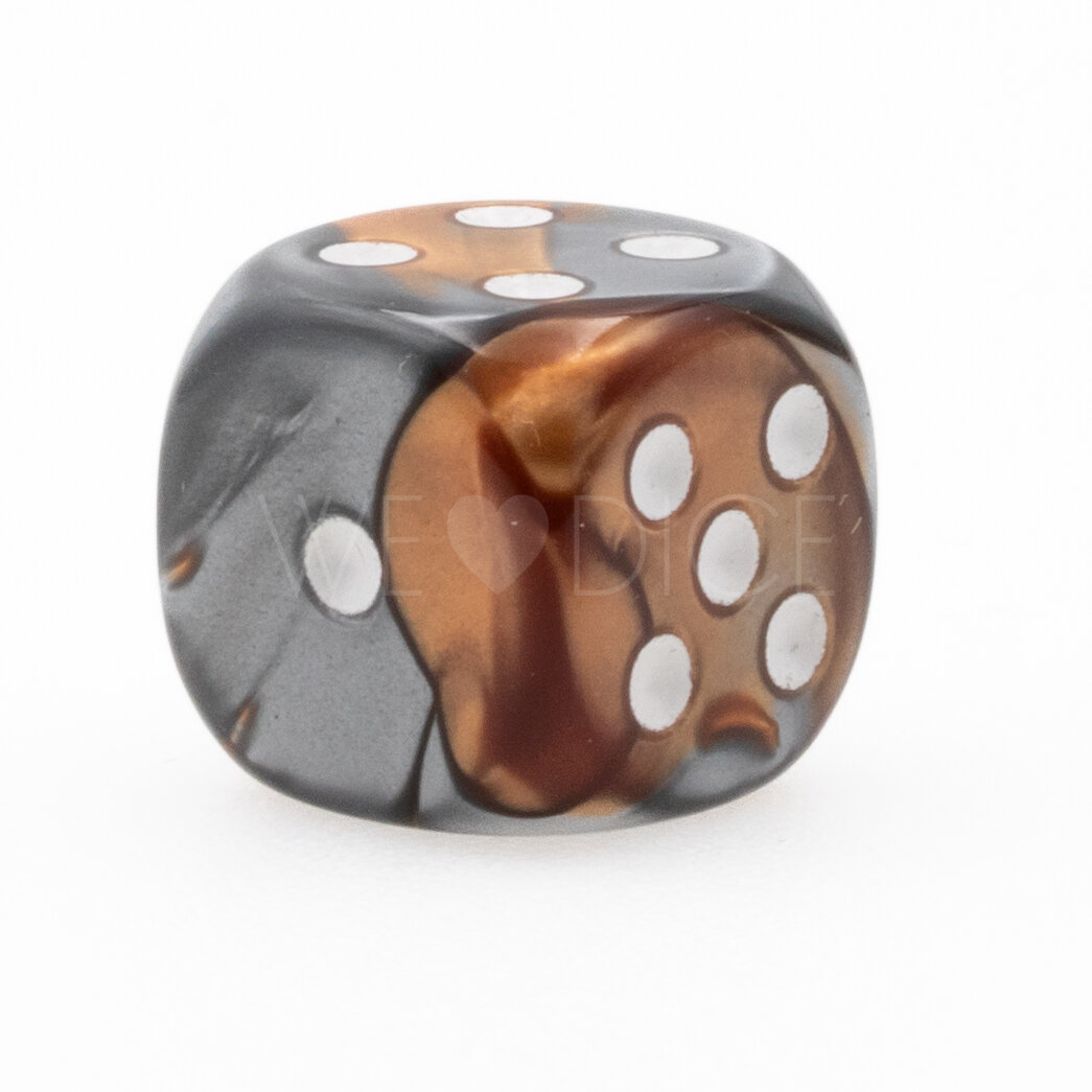 Gemini® Copper-Steel / white 12mm D6 dice w/pips (1 piece)