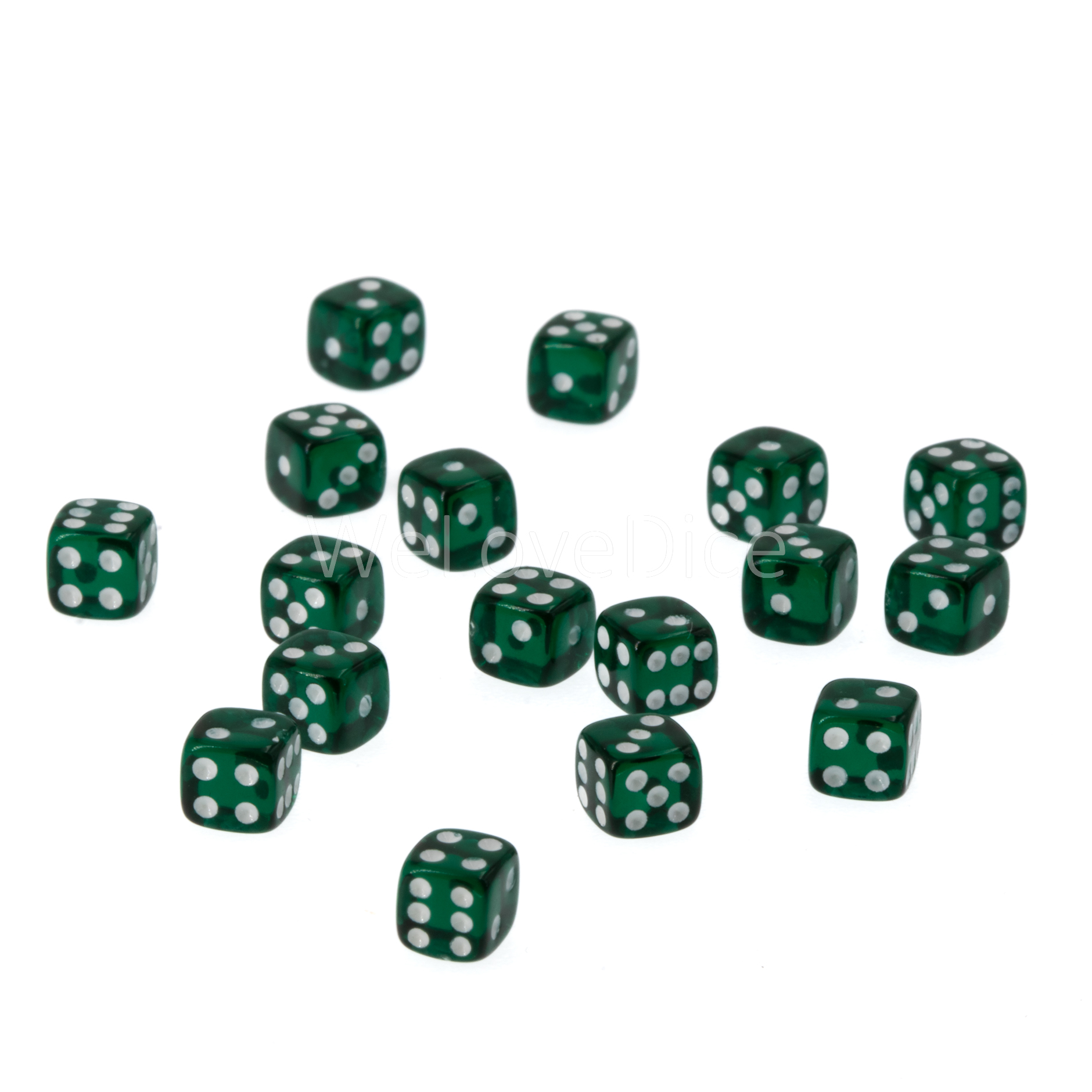 5mm  D6 Dice in dark green translucent / white Translucent