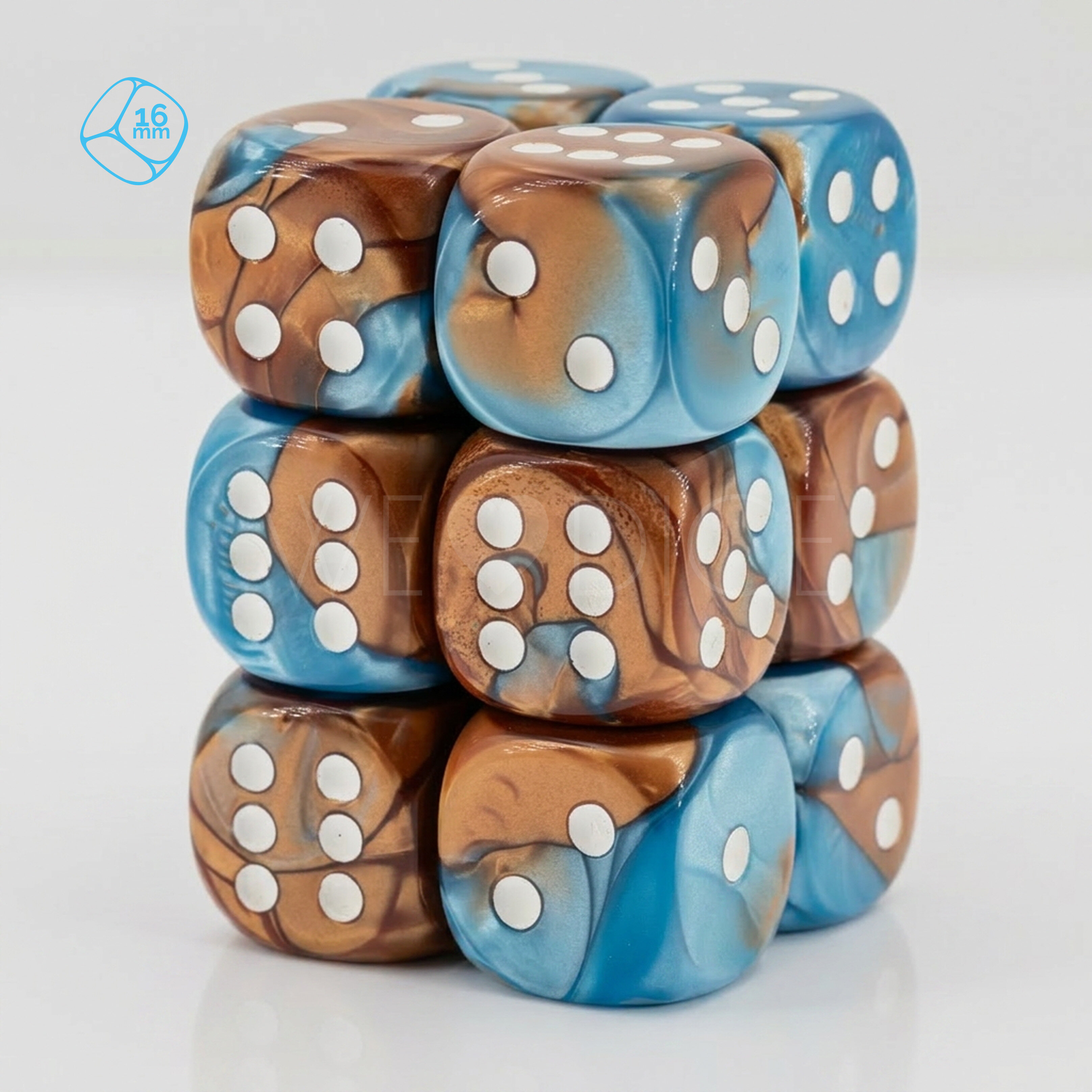 2-way copper blue / white 16mm D6 Dice Set  (12Pcs)