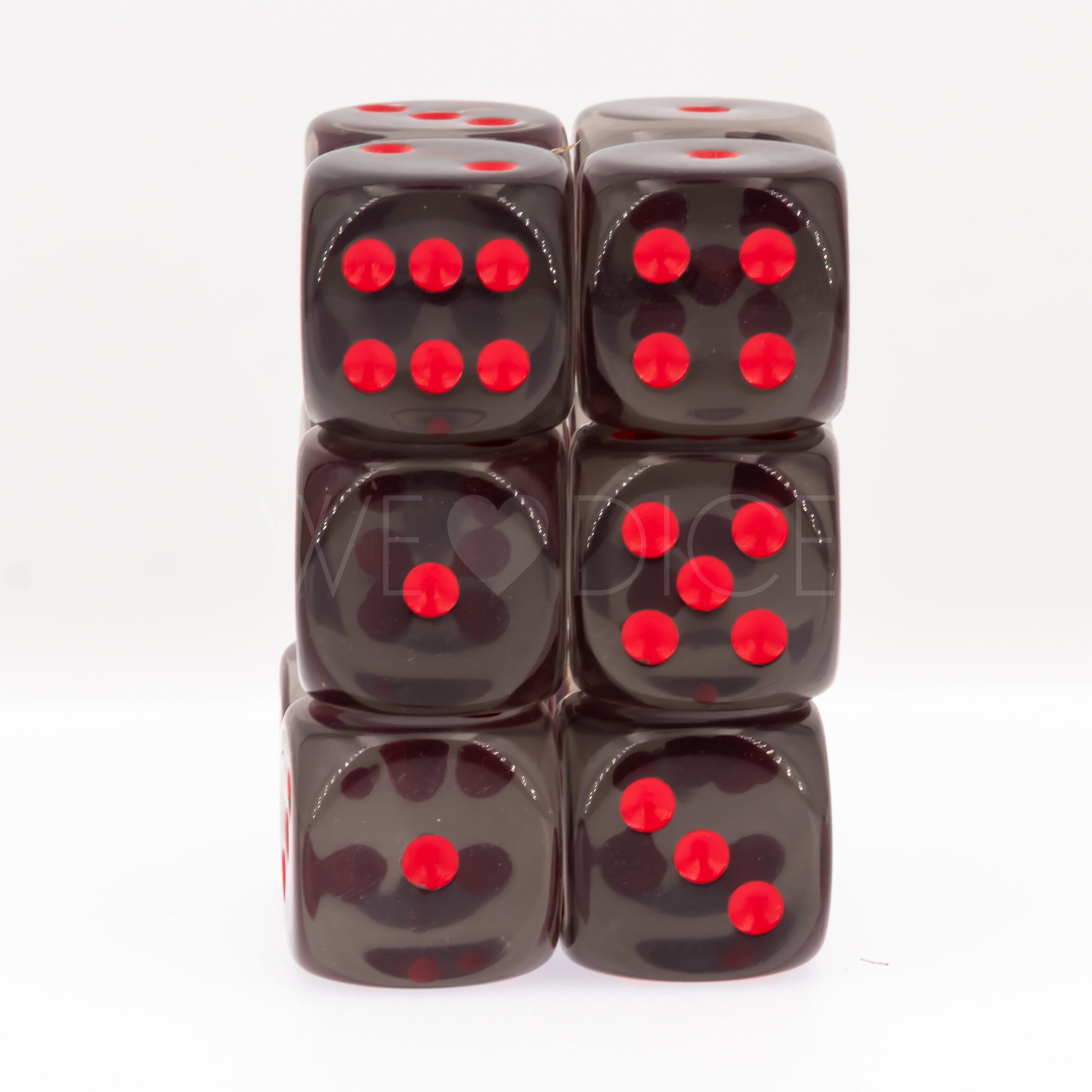Transparent Rauch / rot 16mm W6 Würfel Set (12 Würfel)
