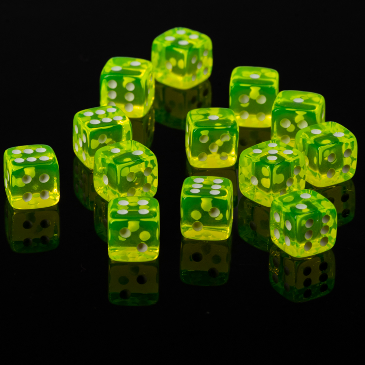 5mm  D6 Dice in neon yellow / white Translucent