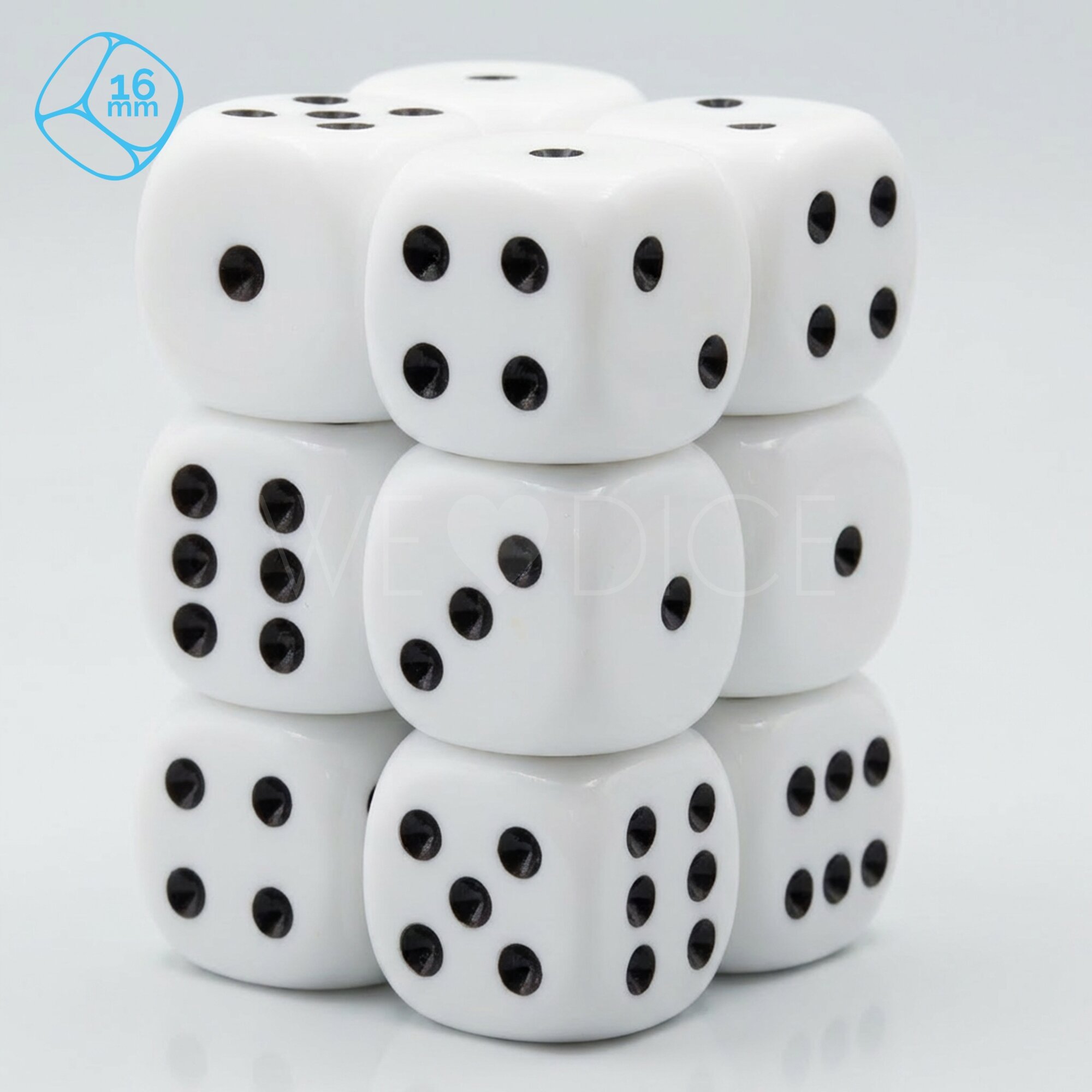 Opaque white / black 16mm D6 Dice Set  (12Pcs)