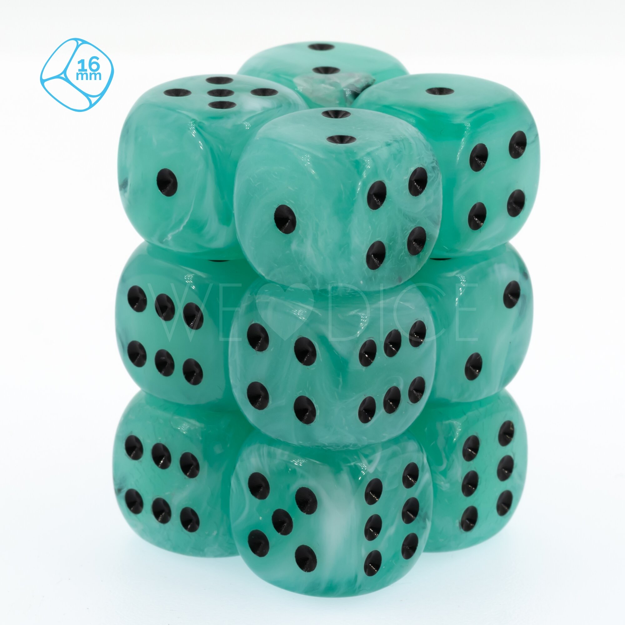Maro jade / black 16mm D6 Dice Set  (12Pcs)