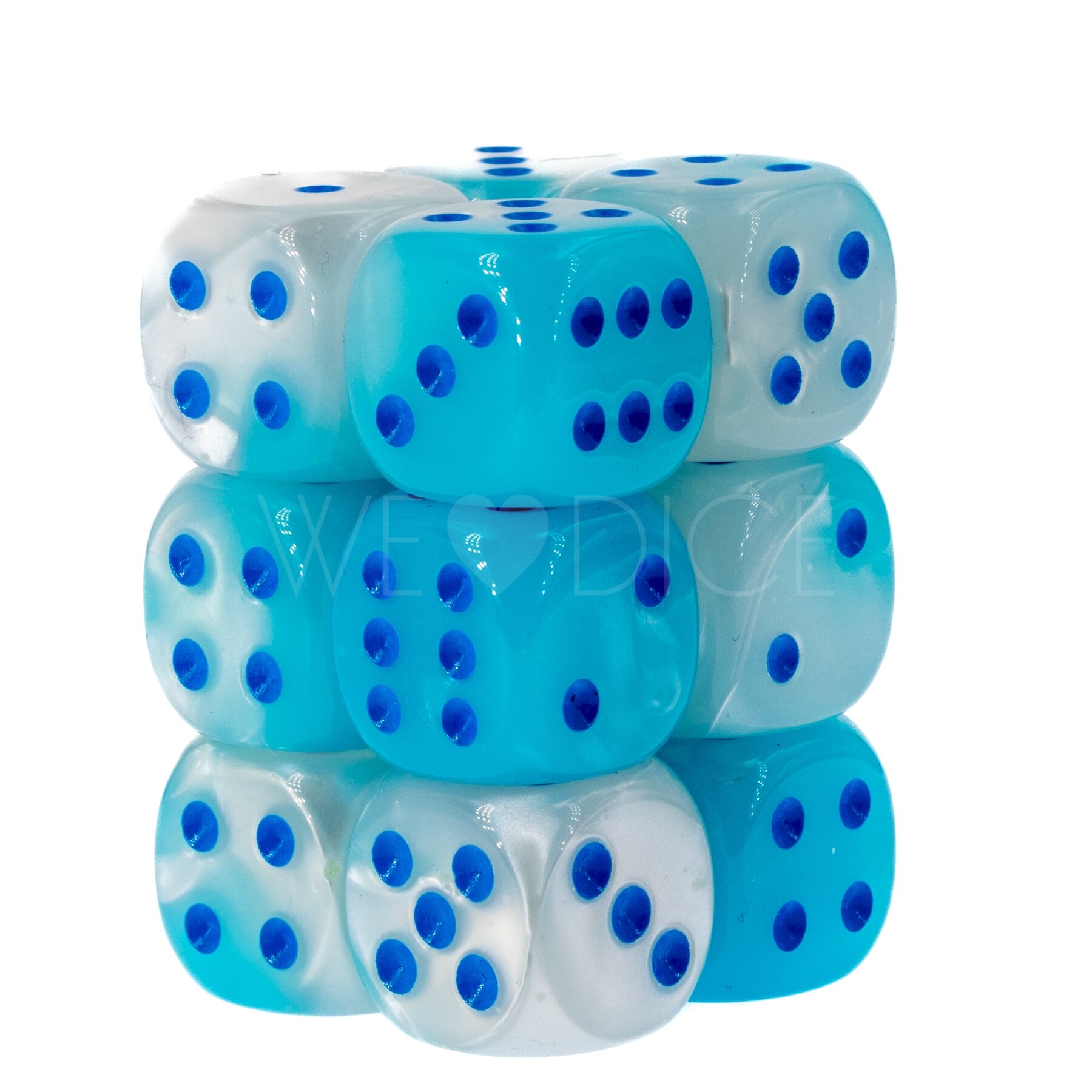 Gemini® Perltürkis-weiß / blau 16mm W6 Würfel Set (12 Würfel)