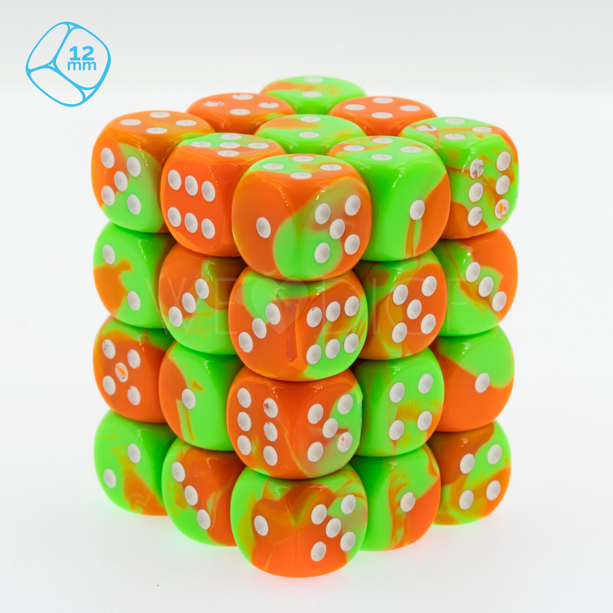 2-way neon orange - green / white 12mm D6 Dice Set  (36Pcs)