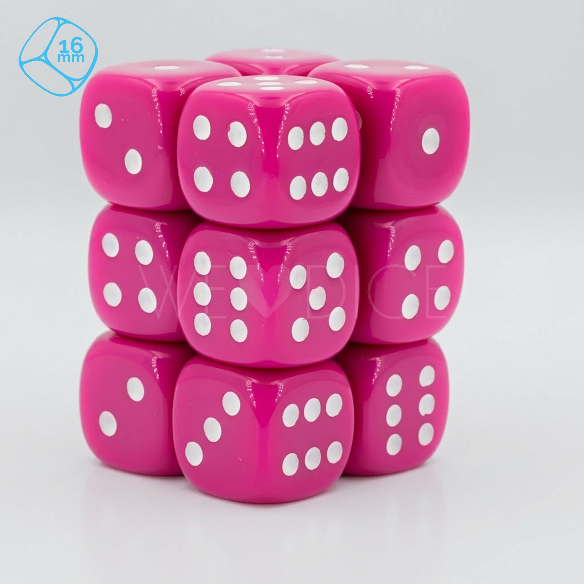 Opaque pink / white 16mm D6 Dice Set  (12Pcs)