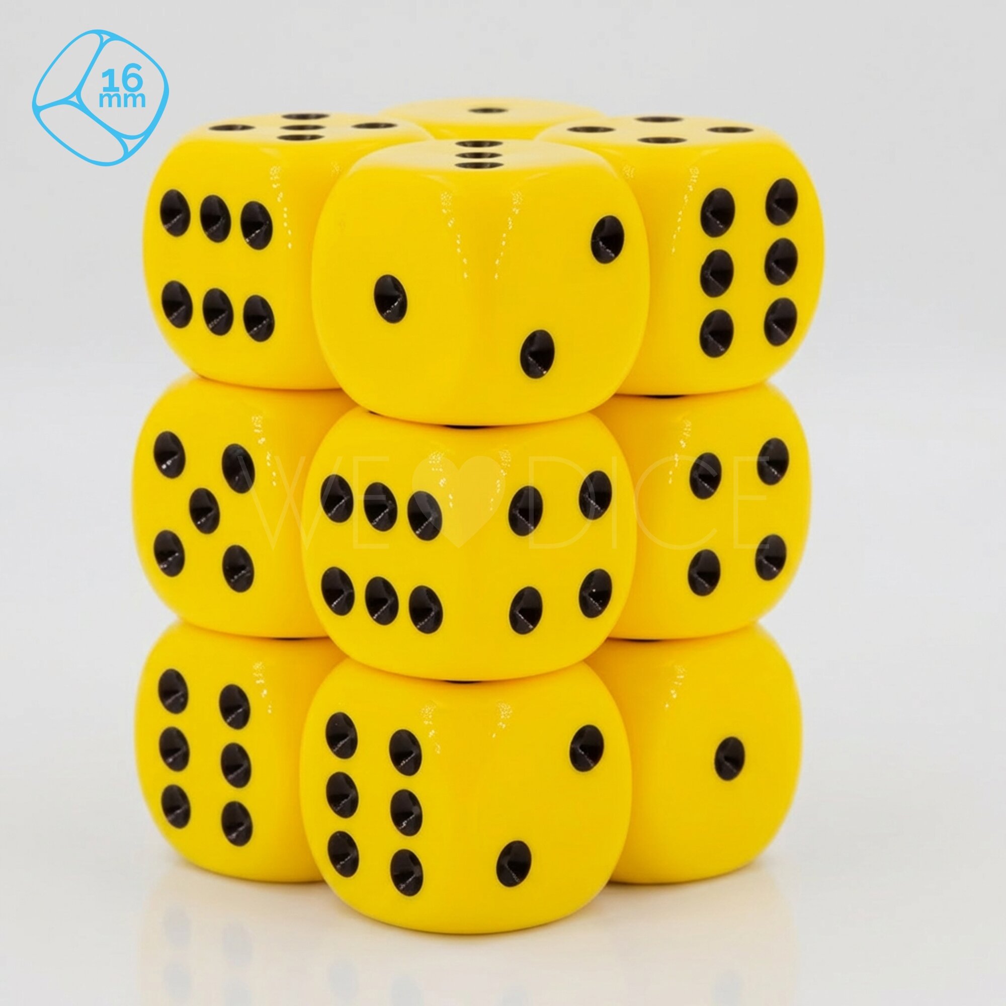 Opaque yellow / black 16mm D6 Dice Set  (12Pcs)